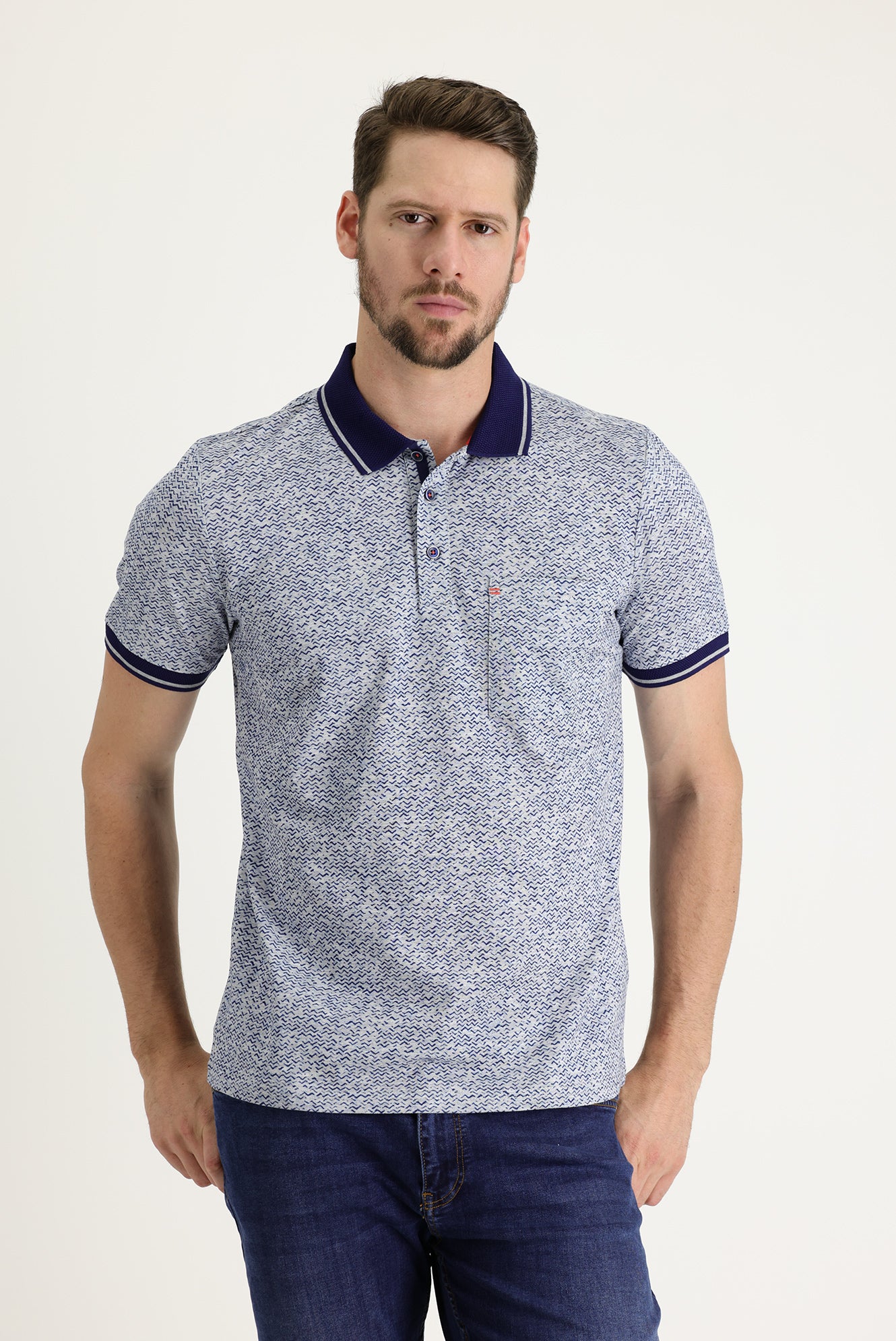 Açık Mavi Polo Yaka Slim Fit Baskılı Tişört - Image 2