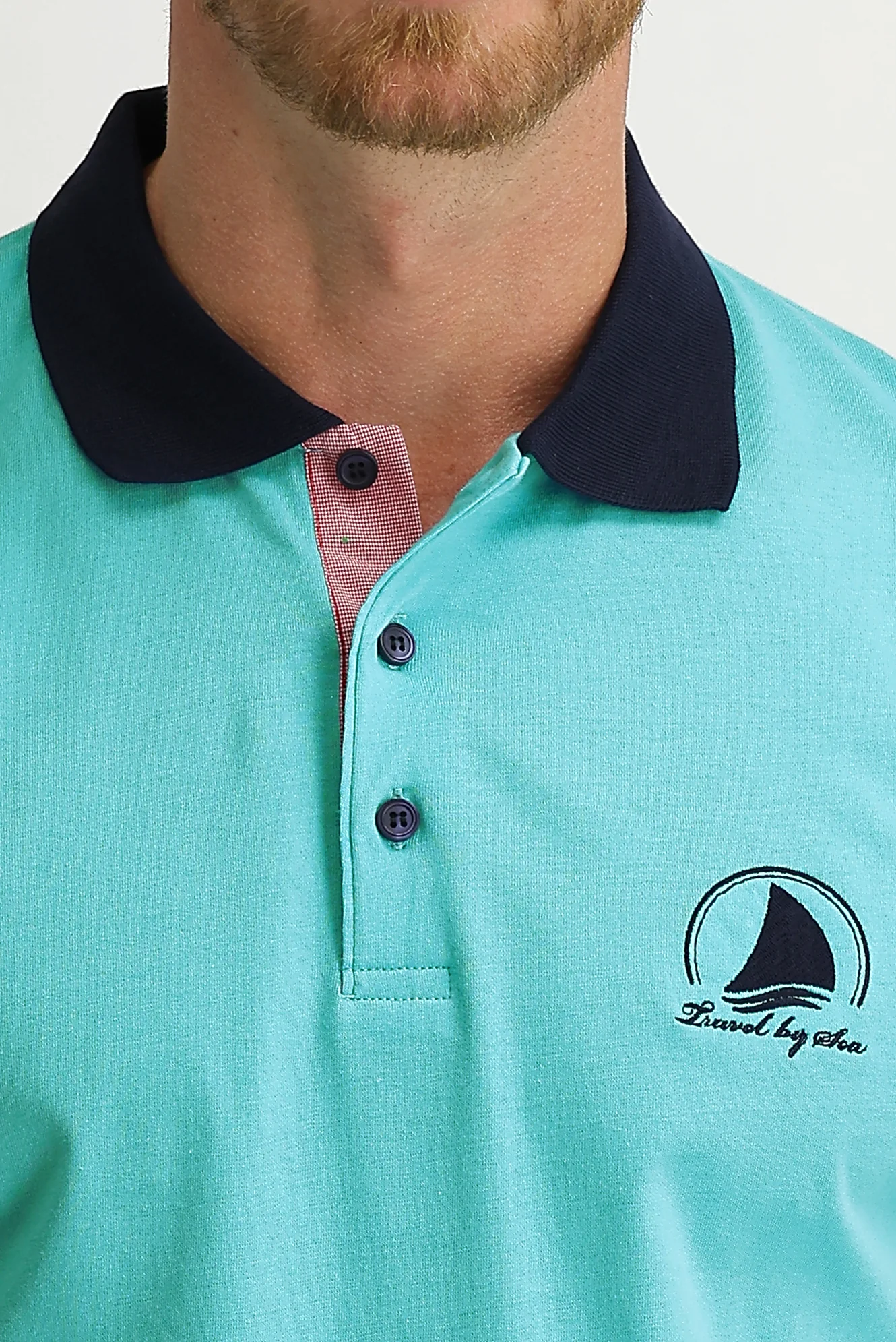 Açık Mavi Polo Yaka Slim Fit Dar Kesim Desenli Pamuk Tişört - Image 3
