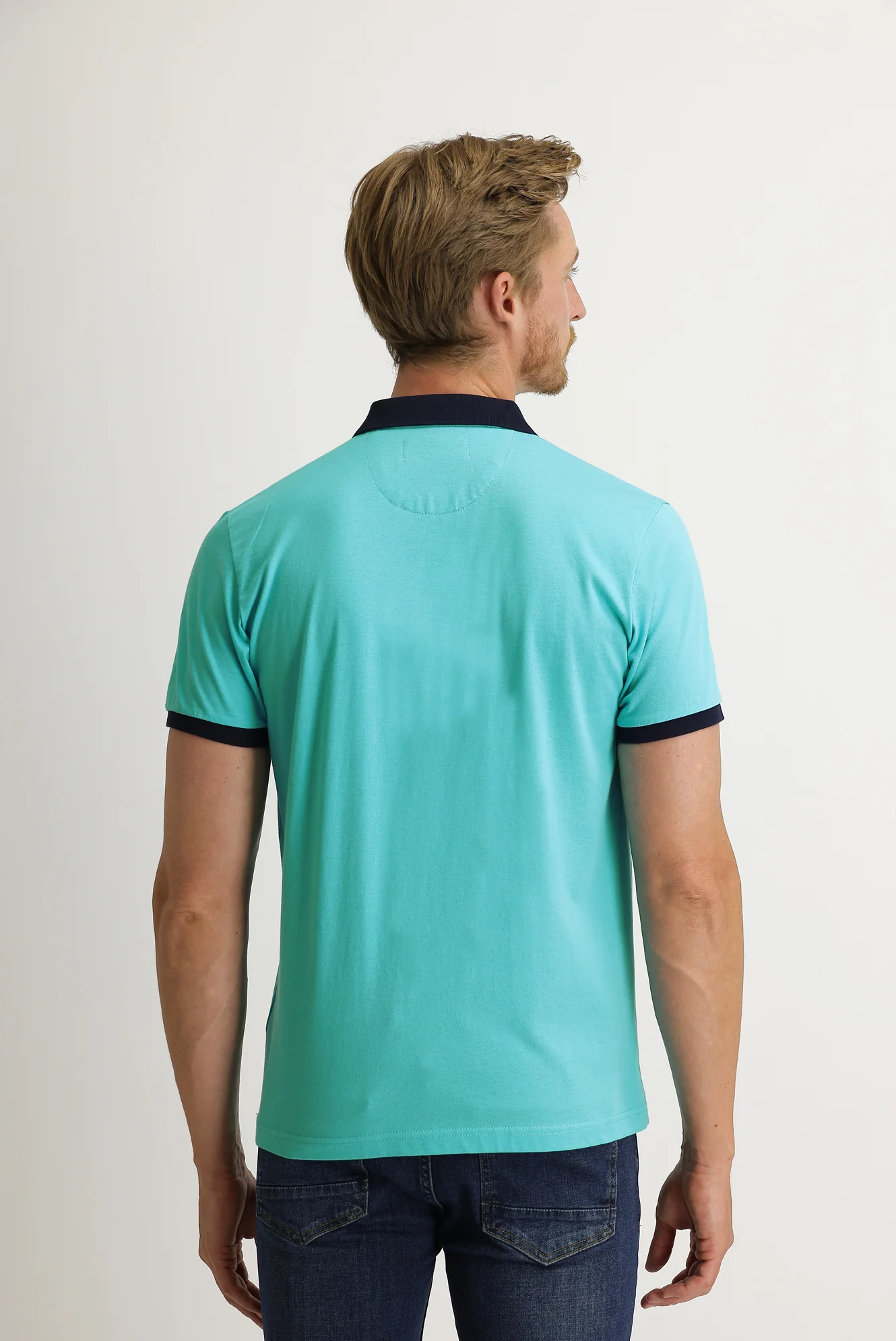 Açık Mavi Polo Yaka Slim Fit Dar Kesim Desenli Pamuk Tişört - Image 4