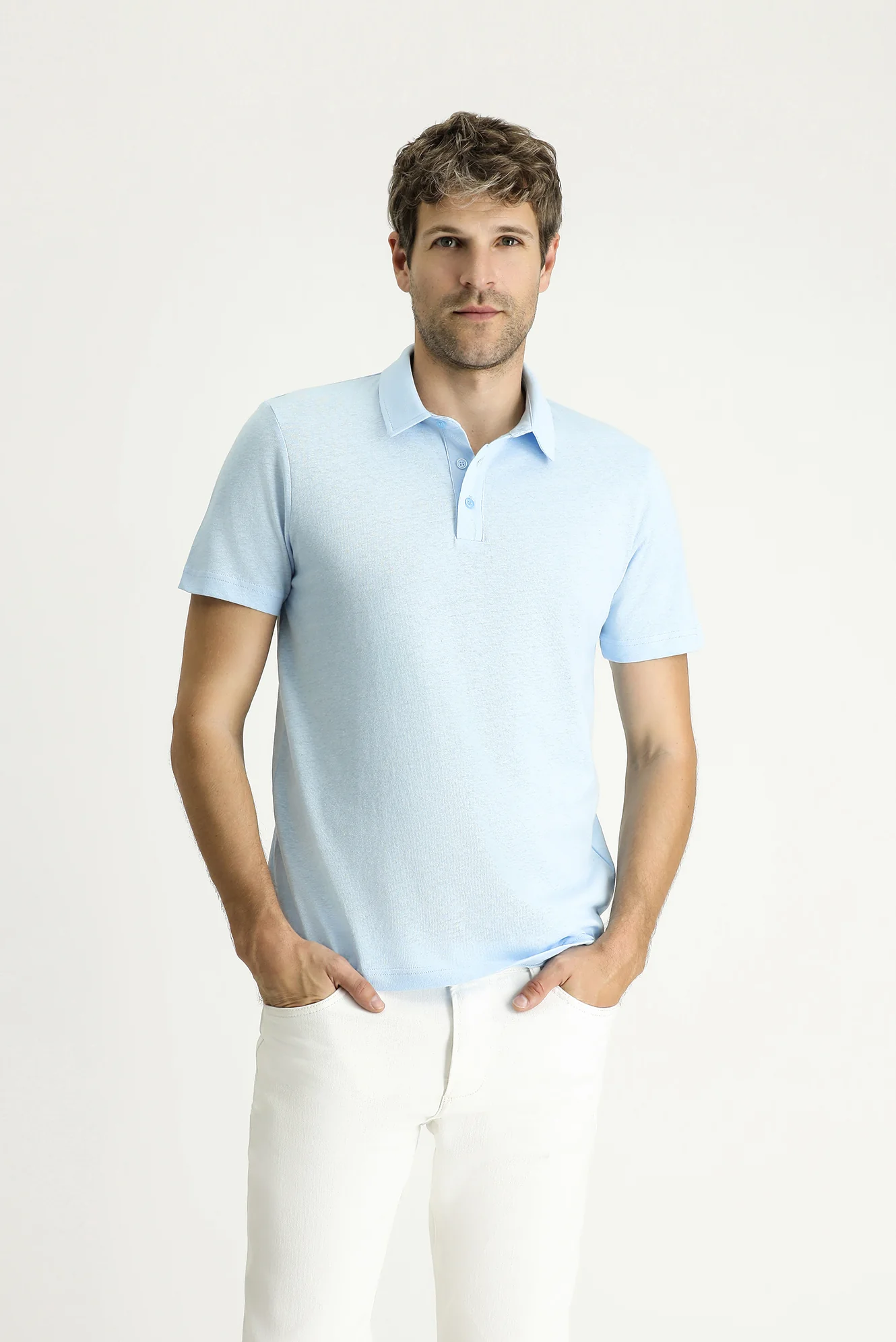 Açık Mavi Polo Yaka Slim Fit Dar Kesim Keten Karışımlı Tişört