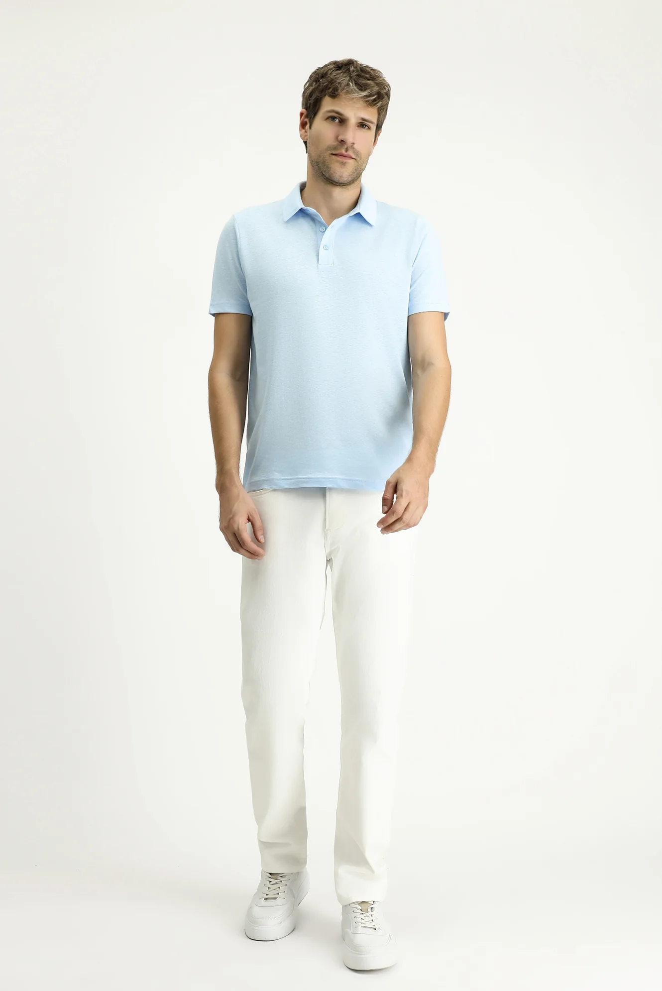 Açık Mavi Polo Yaka Slim Fit Dar Kesim Keten Karışımlı Tişört - Image 2