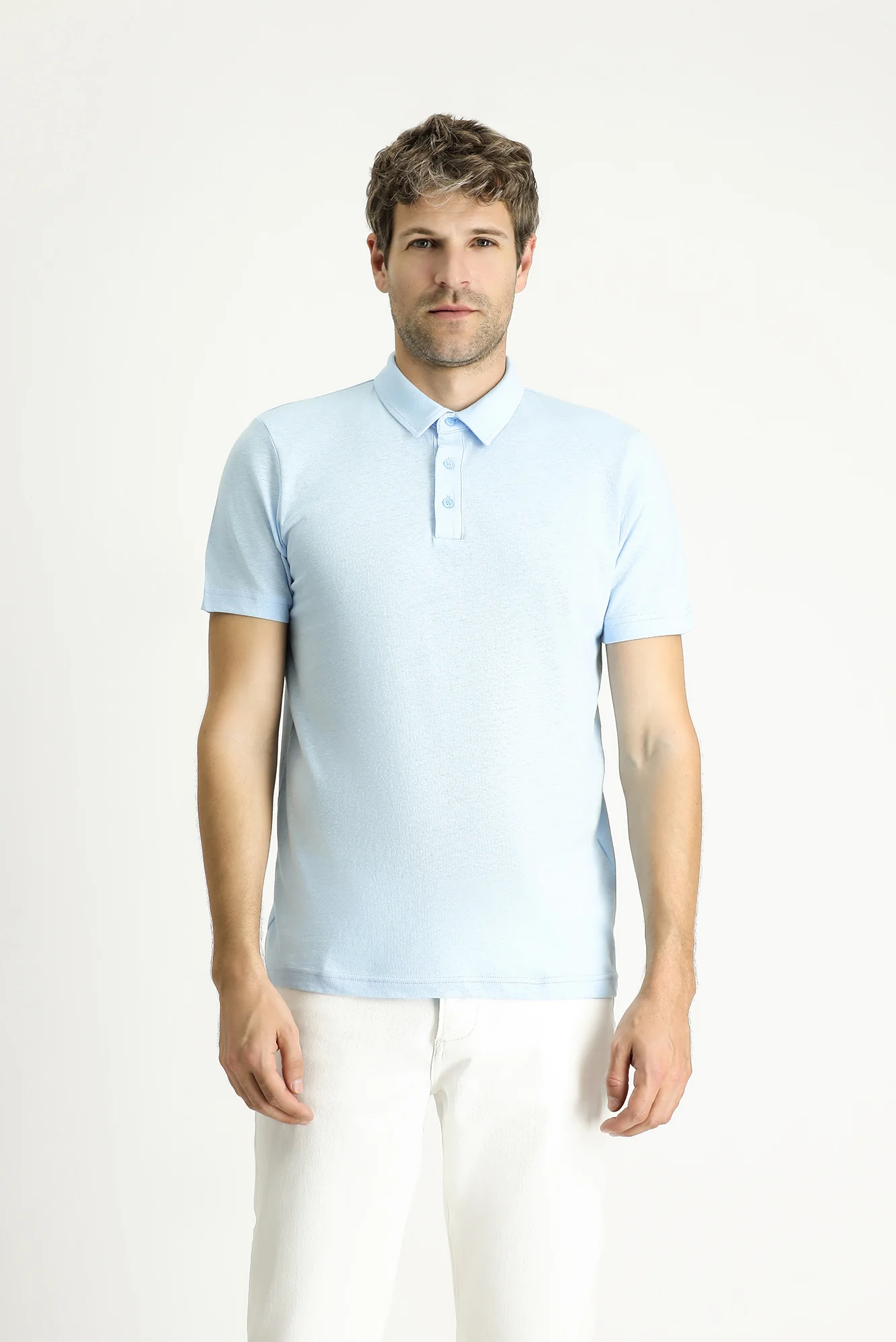 Açık Mavi Polo Yaka Slim Fit Dar Kesim Keten Karışımlı Tişört - Image 3