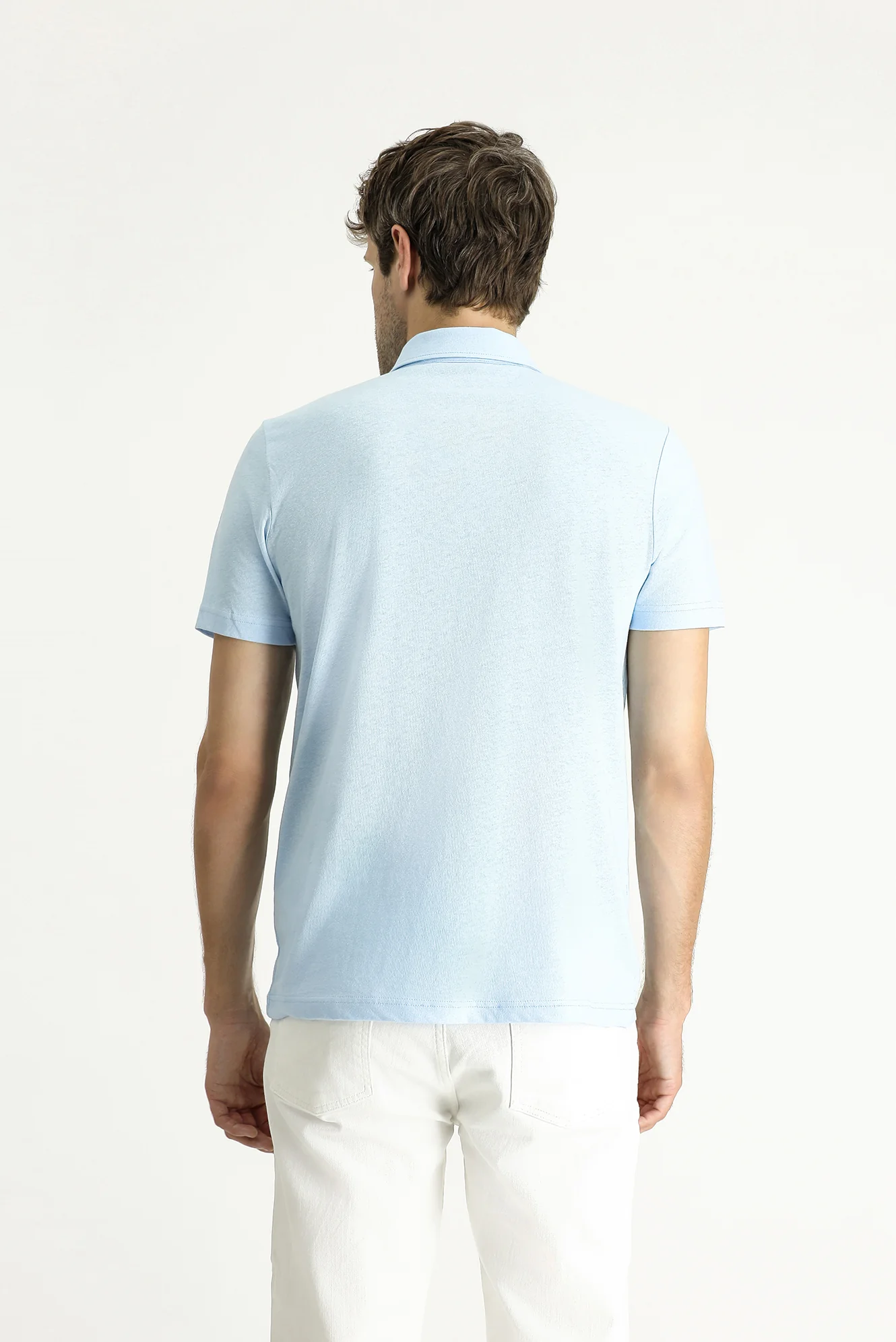 Açık Mavi Polo Yaka Slim Fit Dar Kesim Keten Karışımlı Tişört - Image 4