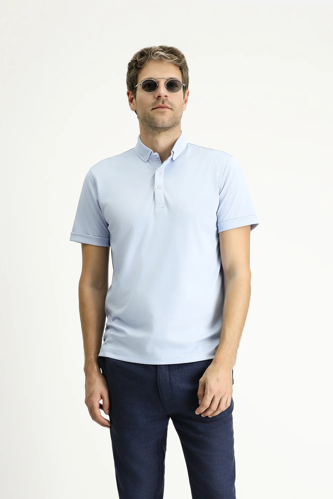 Açık Mavi Polo Yaka Slim Fit Dar Kesim Pamuklu Tişört