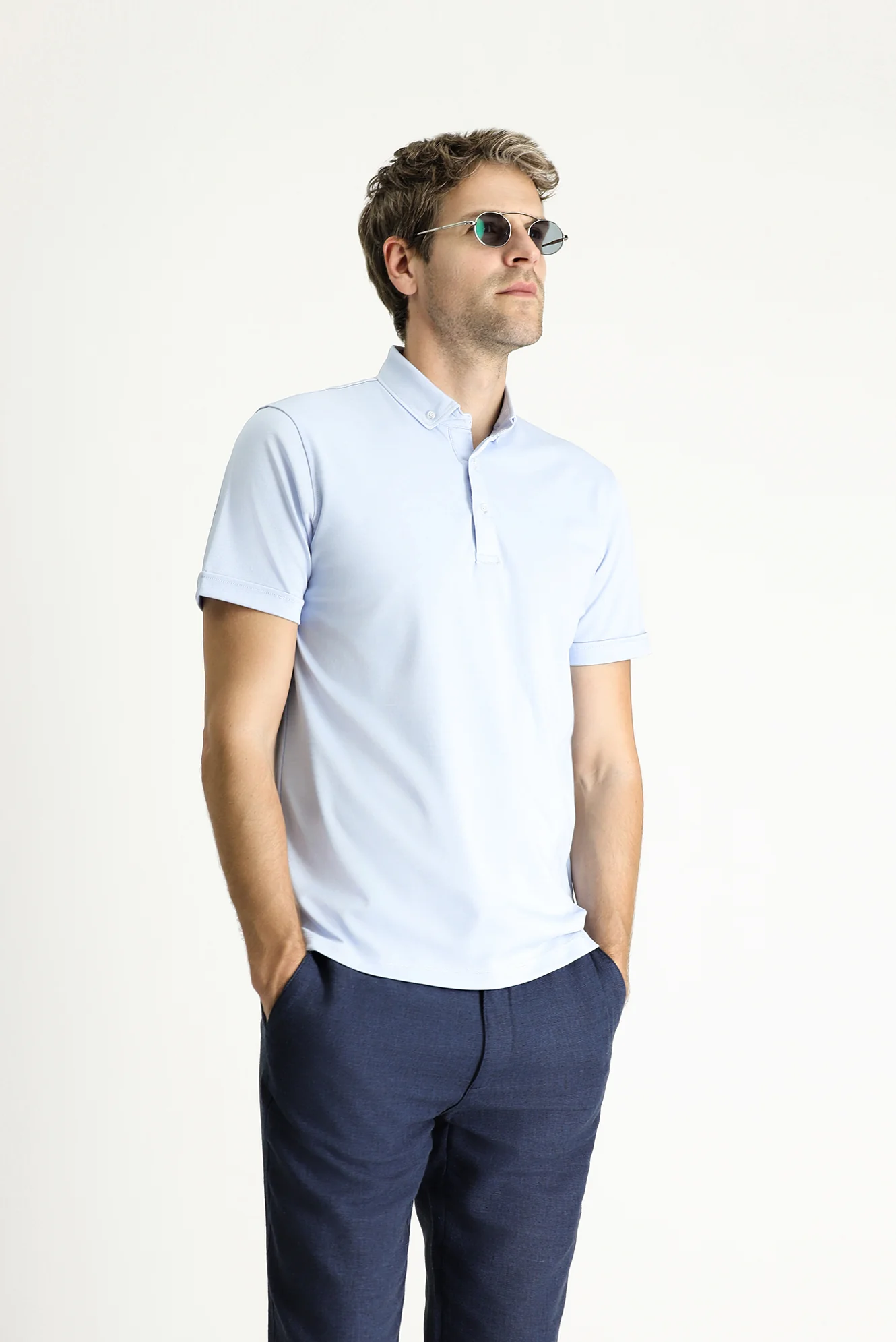 Açık Mavi Polo Yaka Slim Fit Dar Kesim Pamuklu Tişört - Image 3