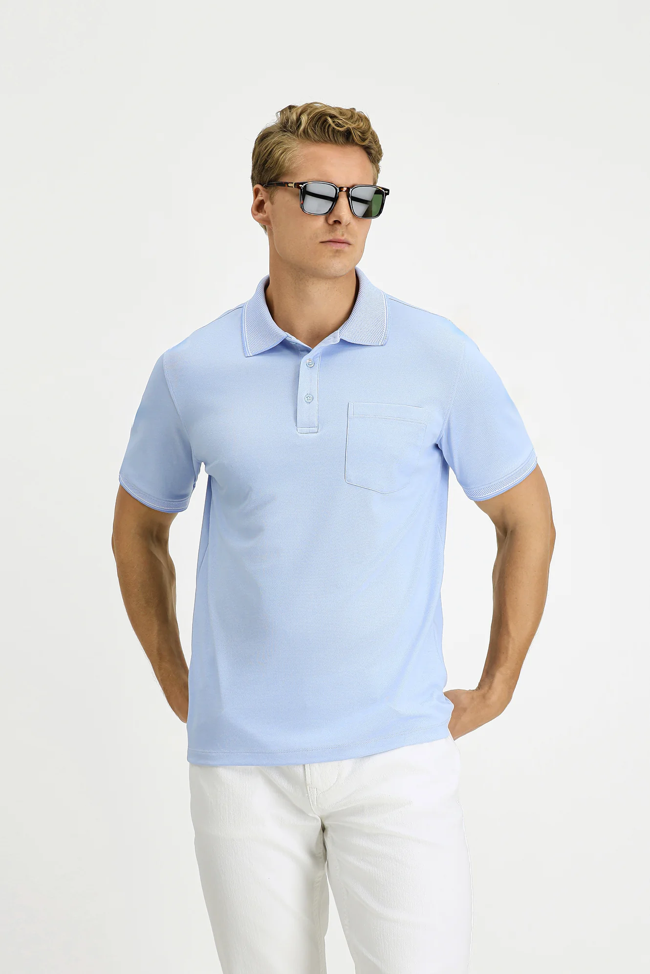 Açık Mavi Regular Fit Pamuklu Desenli Cepli Polo Yaka Tişört - Image 3