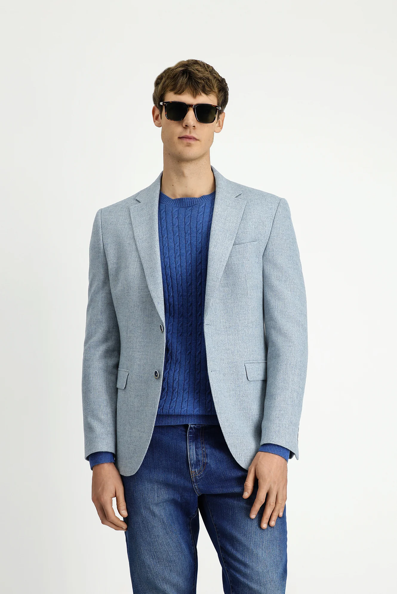 Açık Mavi 4 Drop Relaxed Fit Rahat Kesim Desenli Yünlü Ceket