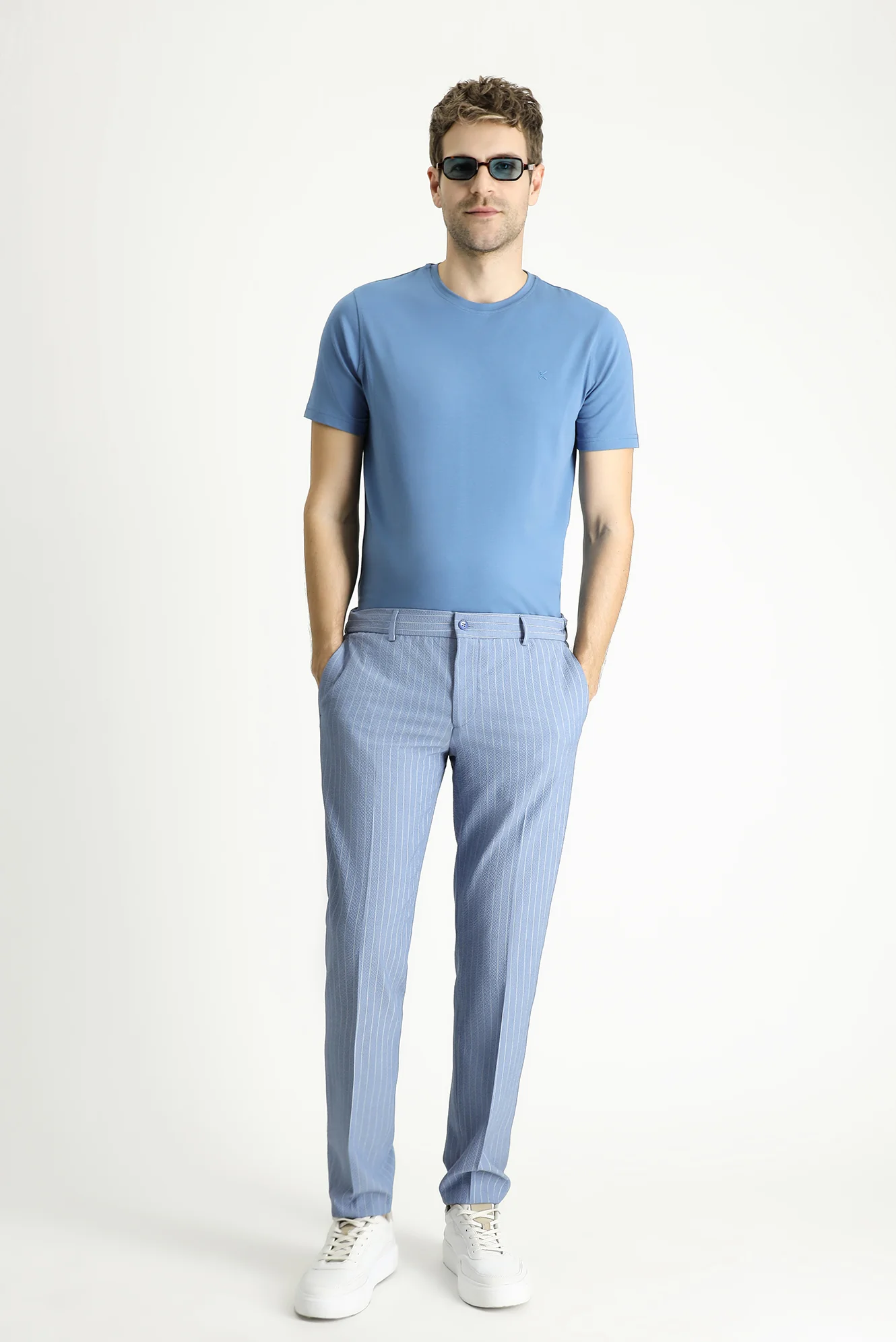 Açık Mavi 7 Drop Slim Fit Dar Kesim Beli Lastikli Likralı Çizgili Klasik Kumaş Pantolon - Image 2