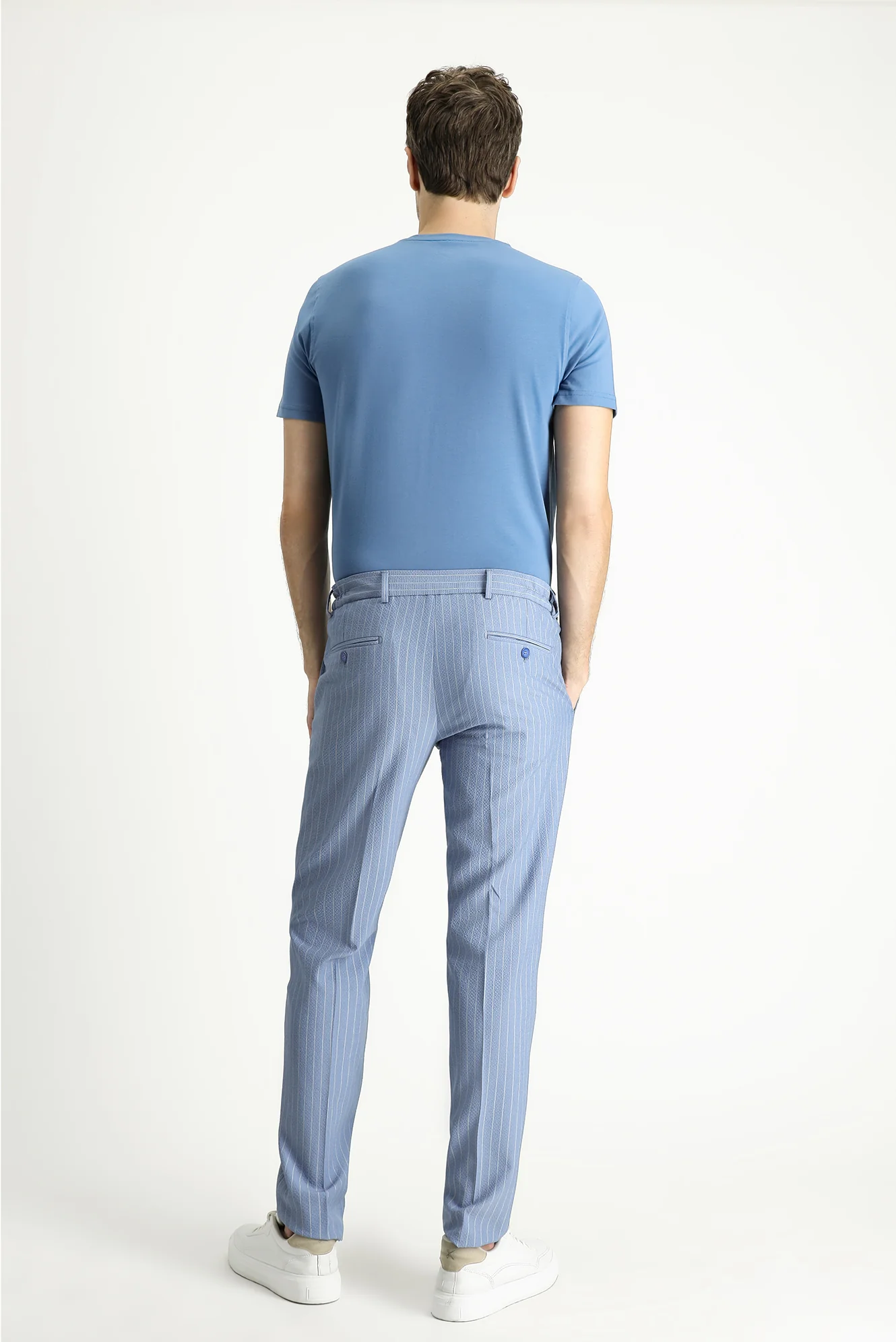 Açık Mavi 7 Drop Slim Fit Dar Kesim Beli Lastikli Likralı Çizgili Klasik Kumaş Pantolon - Image 4