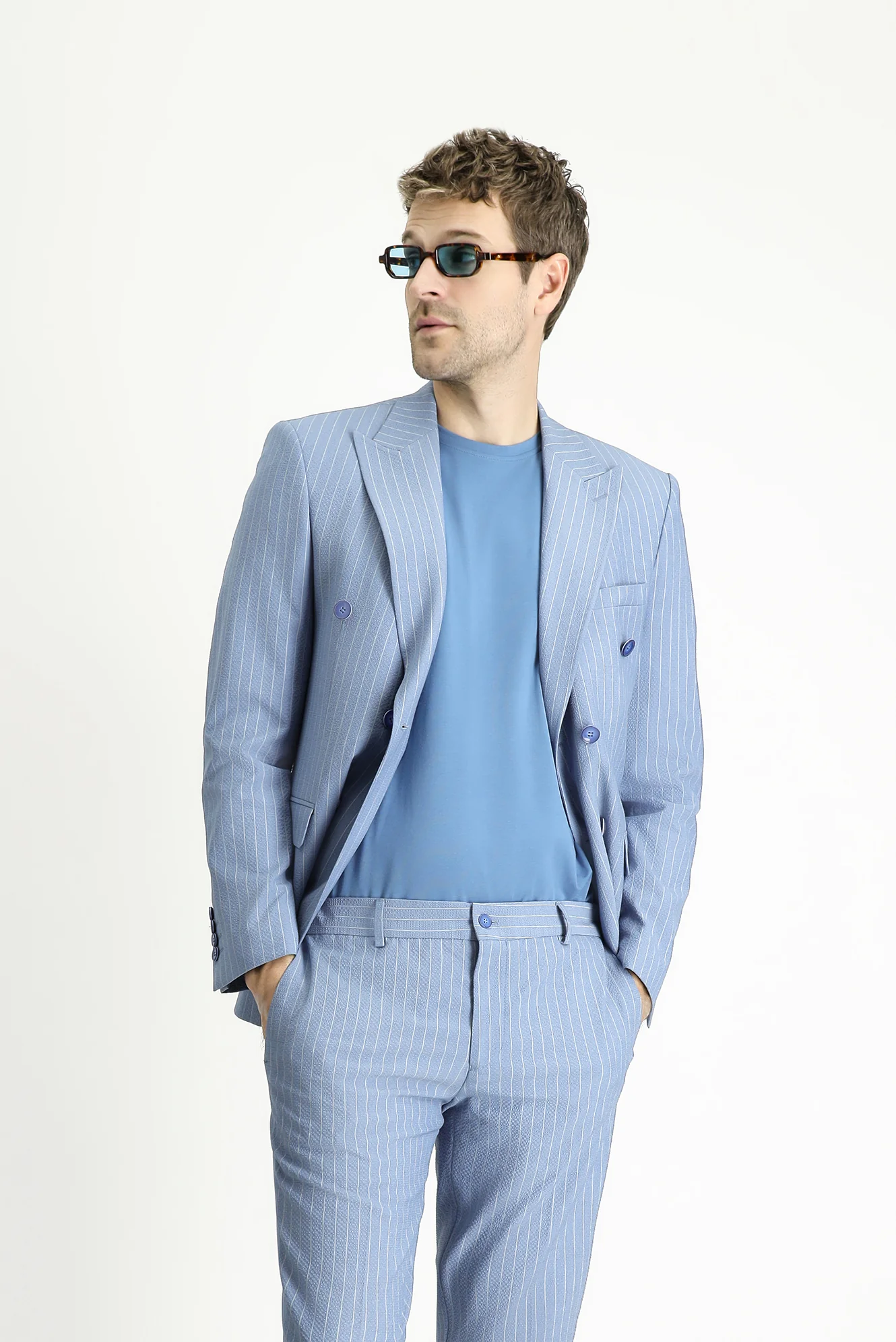 Açık Mavi 7 Drop Slim Fit Dar Kesim Çizgili Kruvaze Ceket
