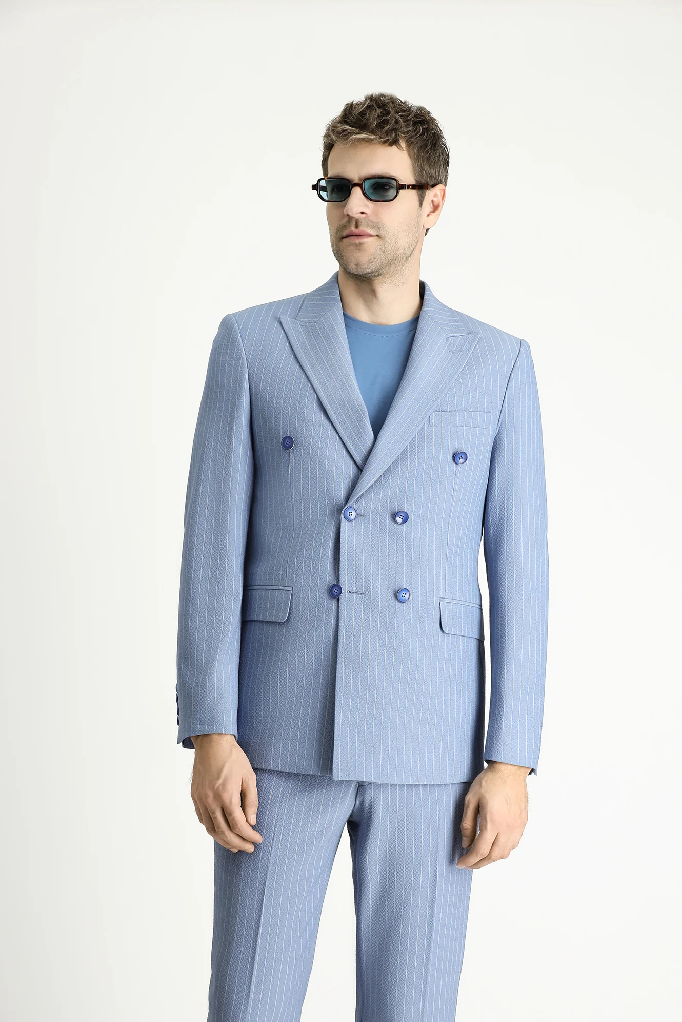 Açık Mavi 7 Drop Slim Fit Dar Kesim Çizgili Kruvaze Ceket - Image 3