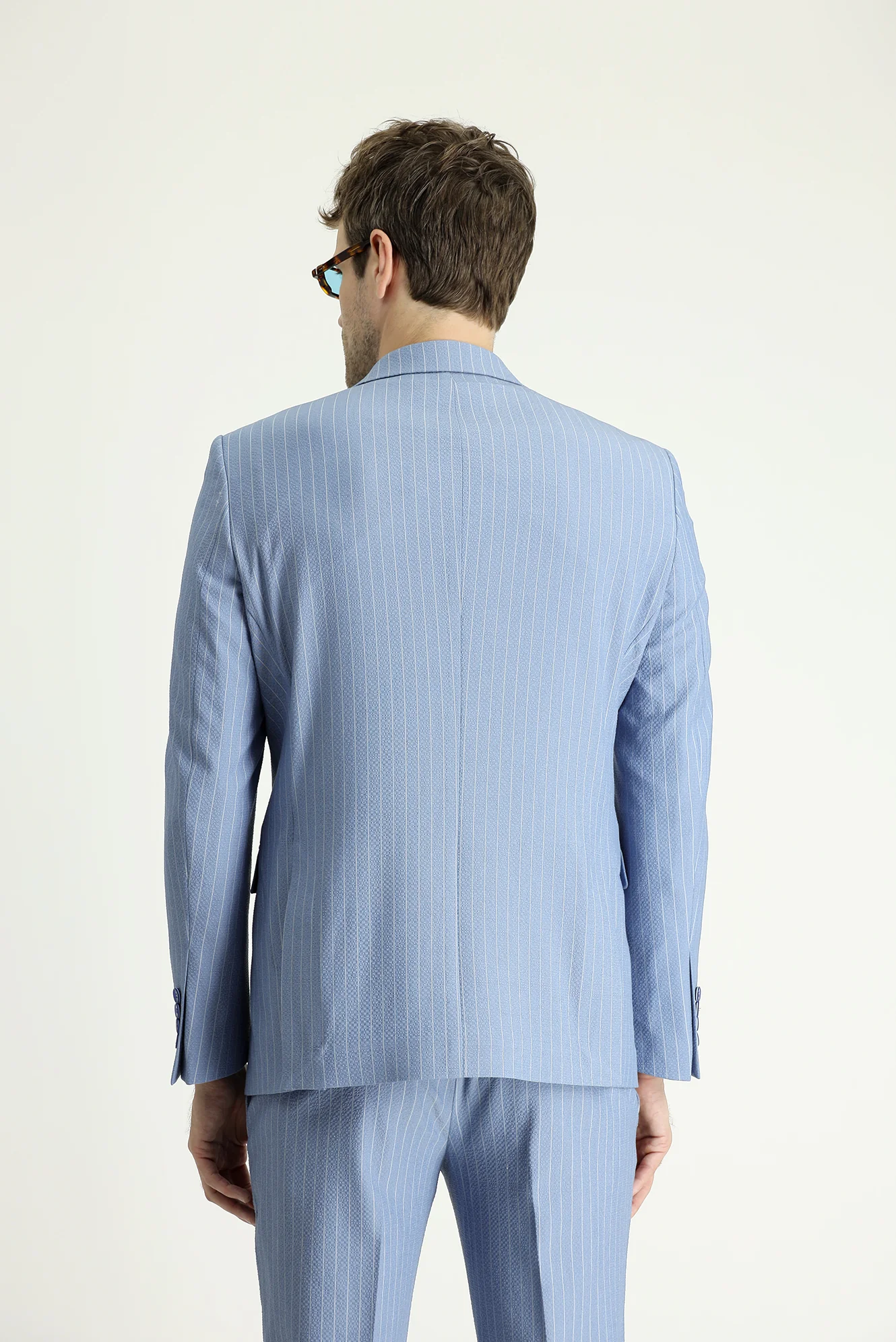 Açık Mavi 7 Drop Slim Fit Dar Kesim Çizgili Kruvaze Ceket - Image 4