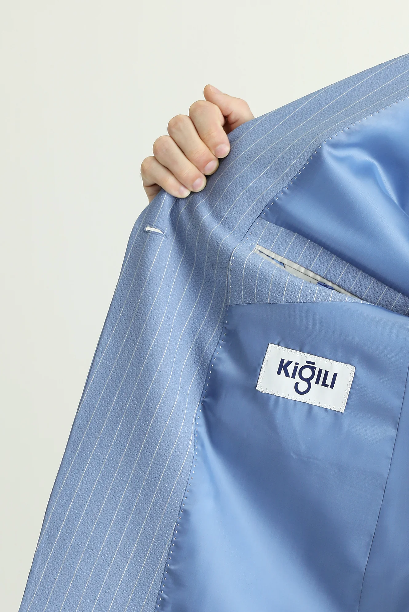 Açık Mavi 7 Drop Slim Fit Dar Kesim Çizgili Kruvaze Ceket - Image 5