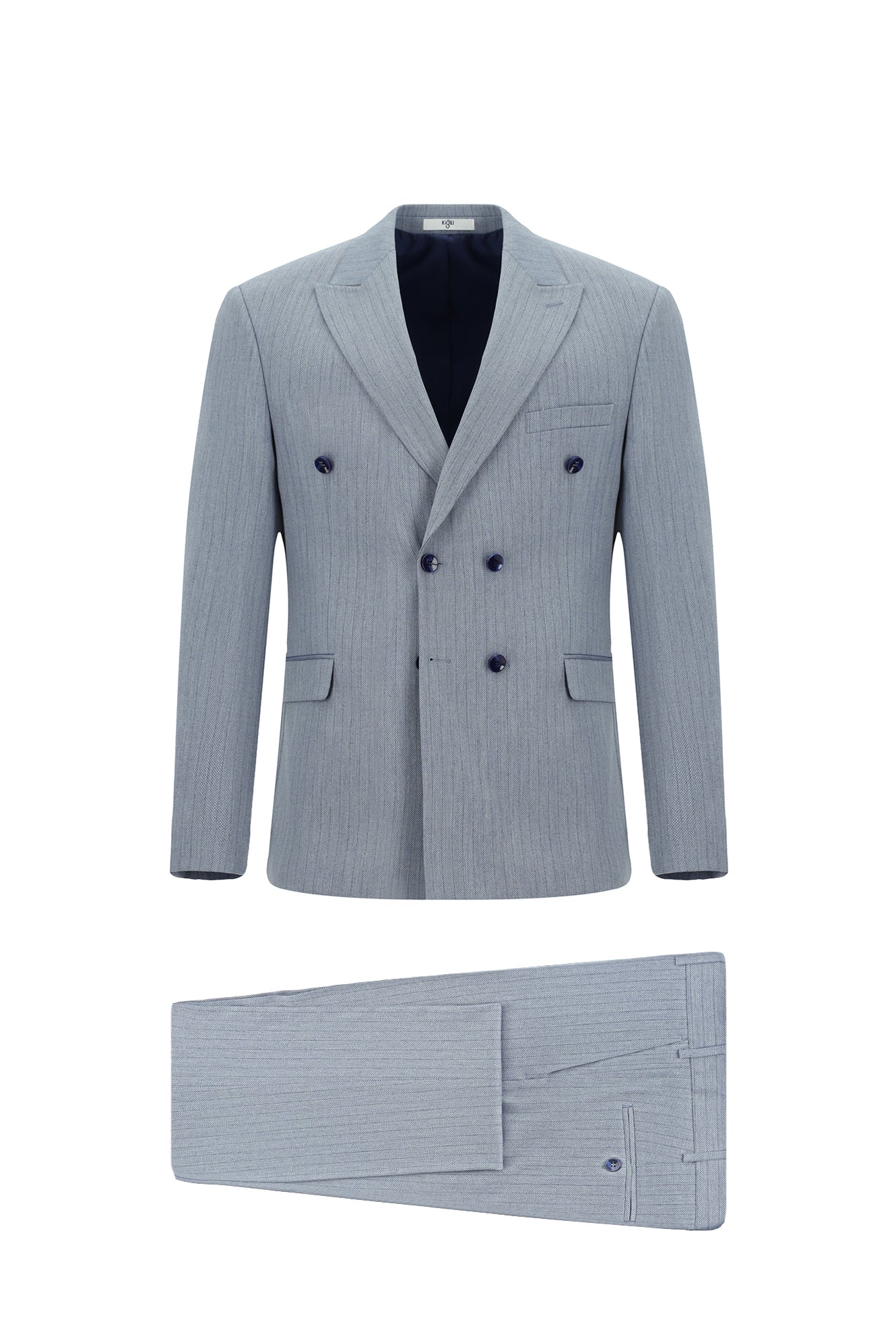 Açık Mavi 7 Drop Slim Fit Dar Kesim Çizgili Kruvaze Takım Elbise