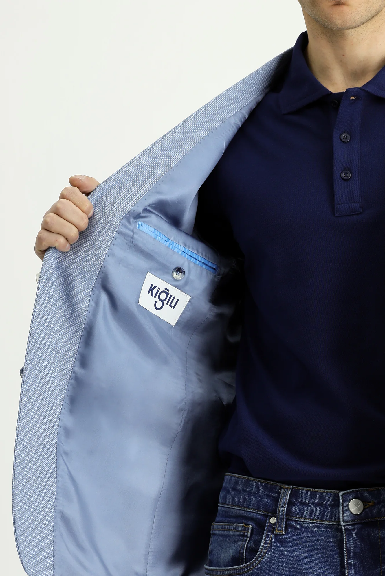Açık Mavi 7 Drop Slim Fit Dar Kesim Klasik Desenli Ceket - Image 5