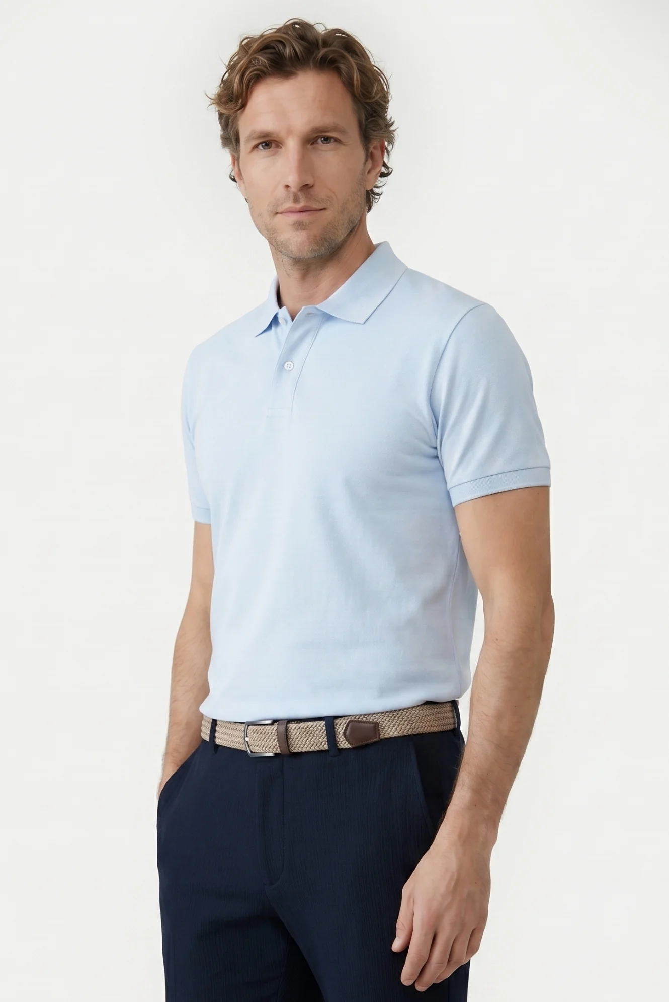 Açık Mavi Polo Yaka Slim Fit Nakışlı %100 Pamuk Tişört - Image 3