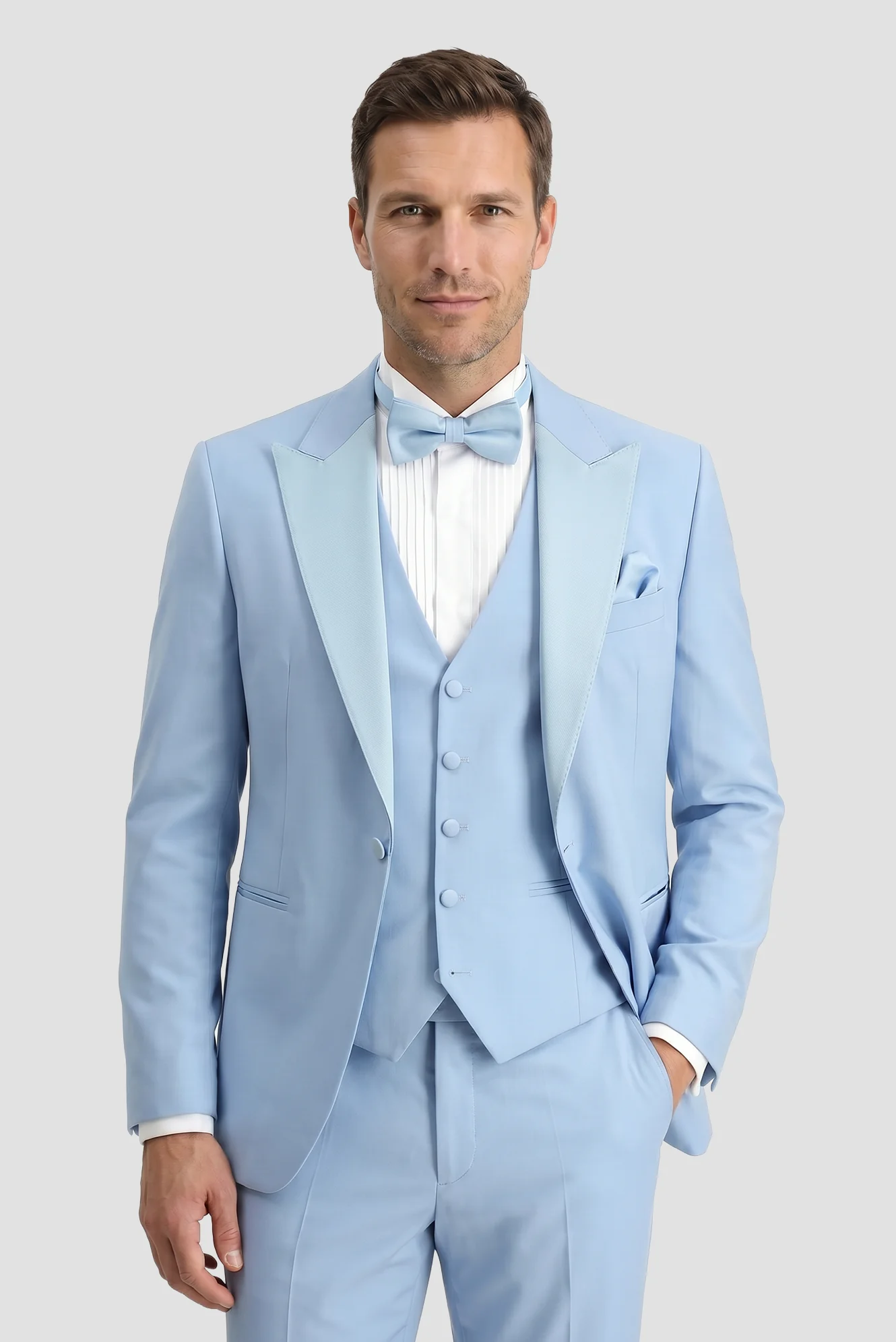 Açık Mavi 7 Drop Slim Fit Dar Kesim Sivri Yaka Yelekli Smokin & Damatlık - Image 2