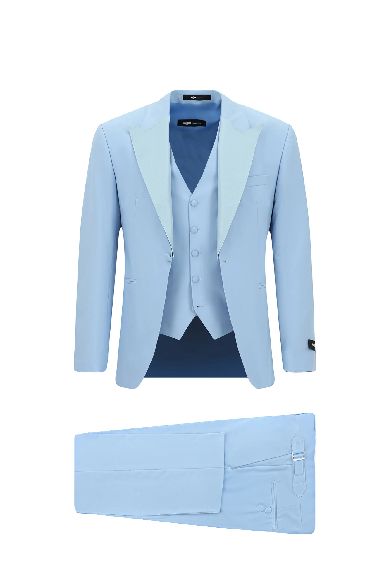 Açık Mavi 7 Drop Slim Fit Dar Kesim Sivri Yaka Yelekli Smokin & Damatlık - Image 4