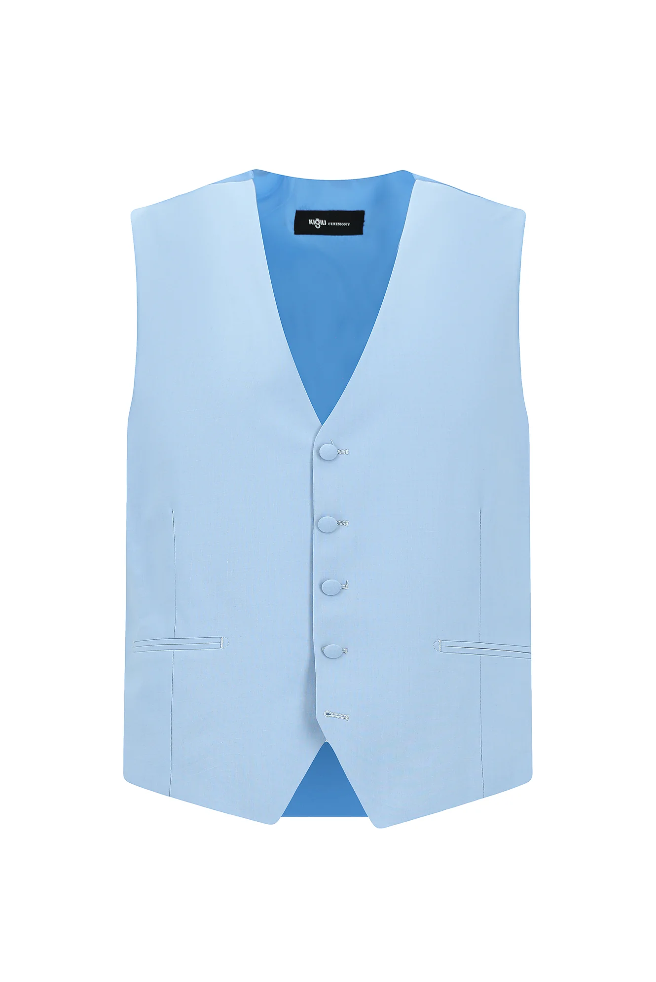 Açık Mavi 7 Drop Slim Fit Dar Kesim Sivri Yaka Yelekli Smokin & Damatlık - Image 5