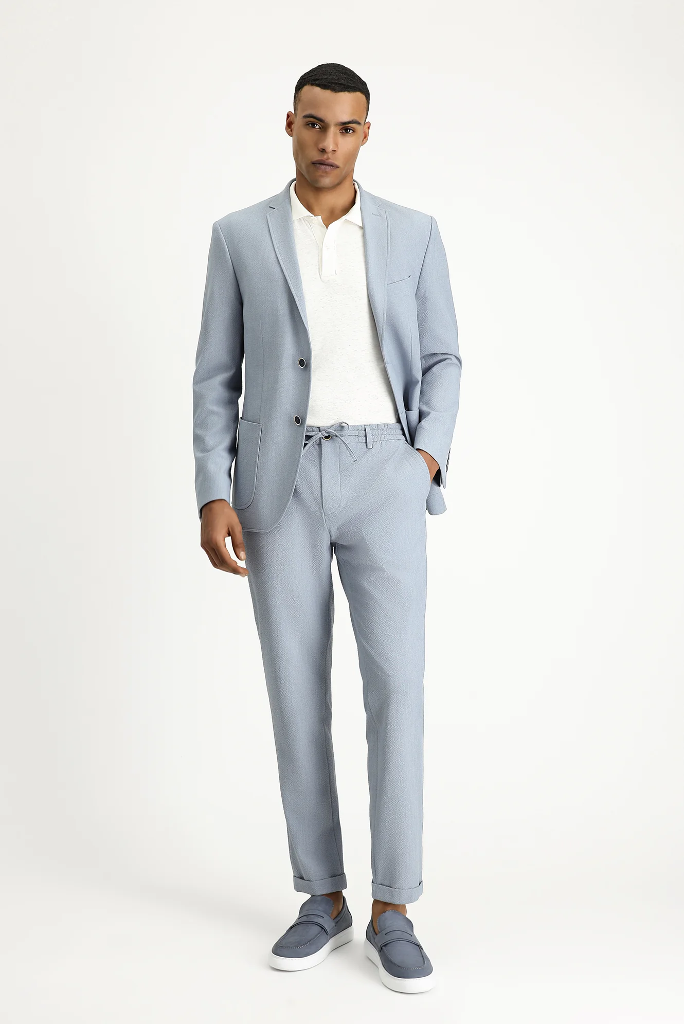 Açık Mavi 7 Drop Super Slim Fit Eksra Dar Kesim Beli Lastikli İpli Gofre Likralı Klasik Kumaş Pantolon