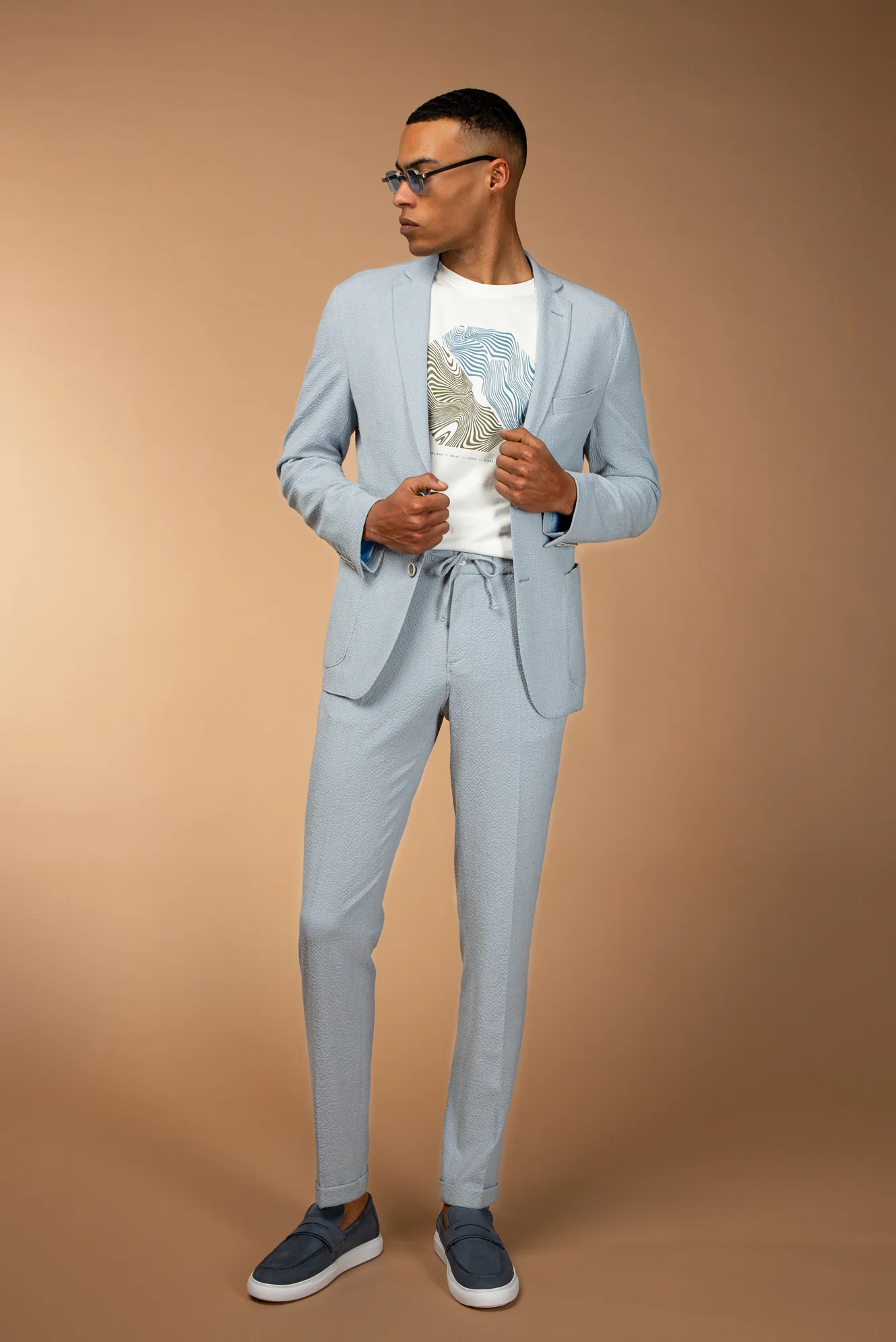 Açık Mavi 7 Drop Super Slim Fit Eksra Dar Kesim Beli Lastikli İpli Gofre Likralı Klasik Kumaş Pantolon - Image 4