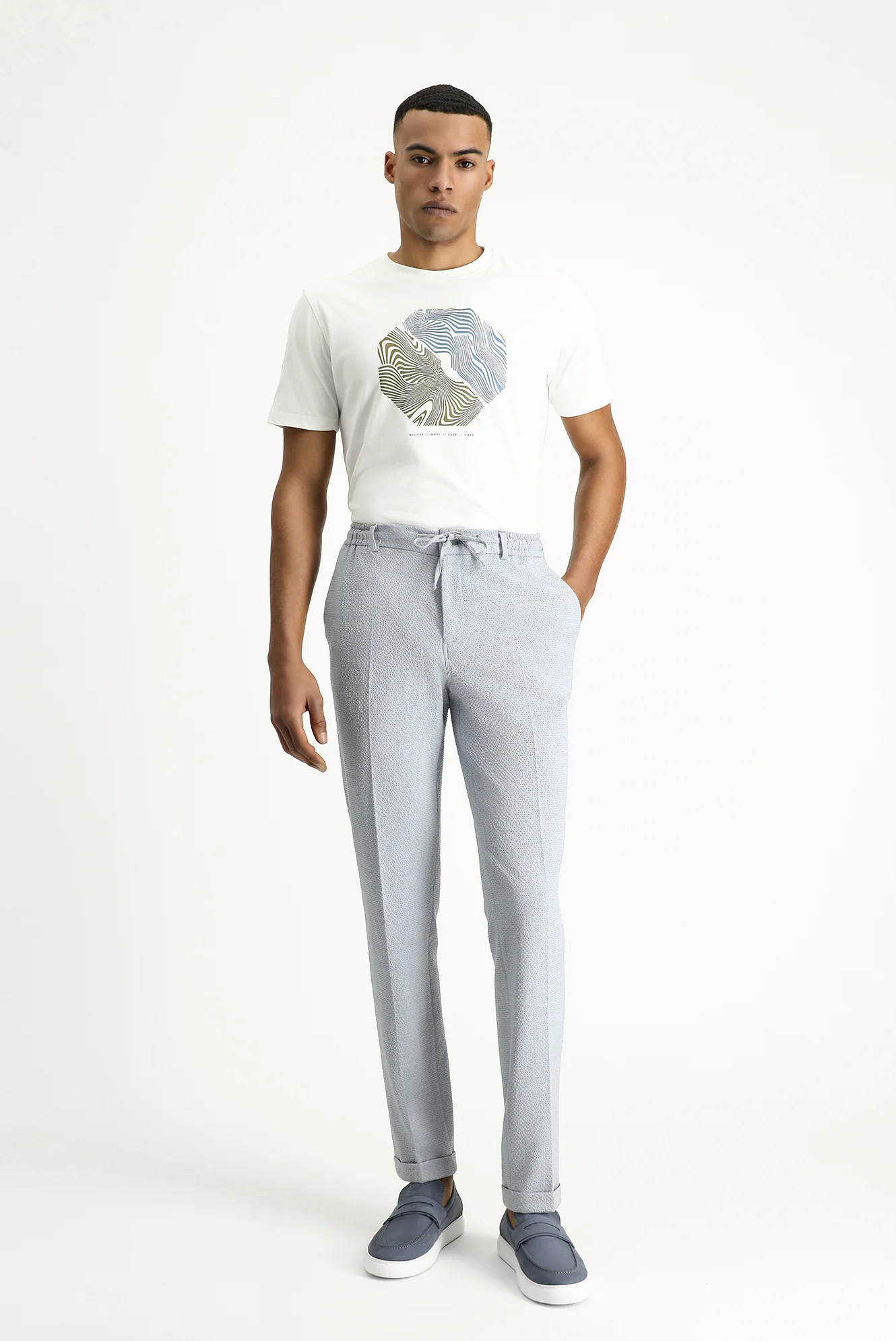 Açık Mavi 7 Drop Super Slim Fit Eksra Dar Kesim Beli Lastikli İpli Gofre Likralı Klasik Kumaş Pantolon - Image 5
