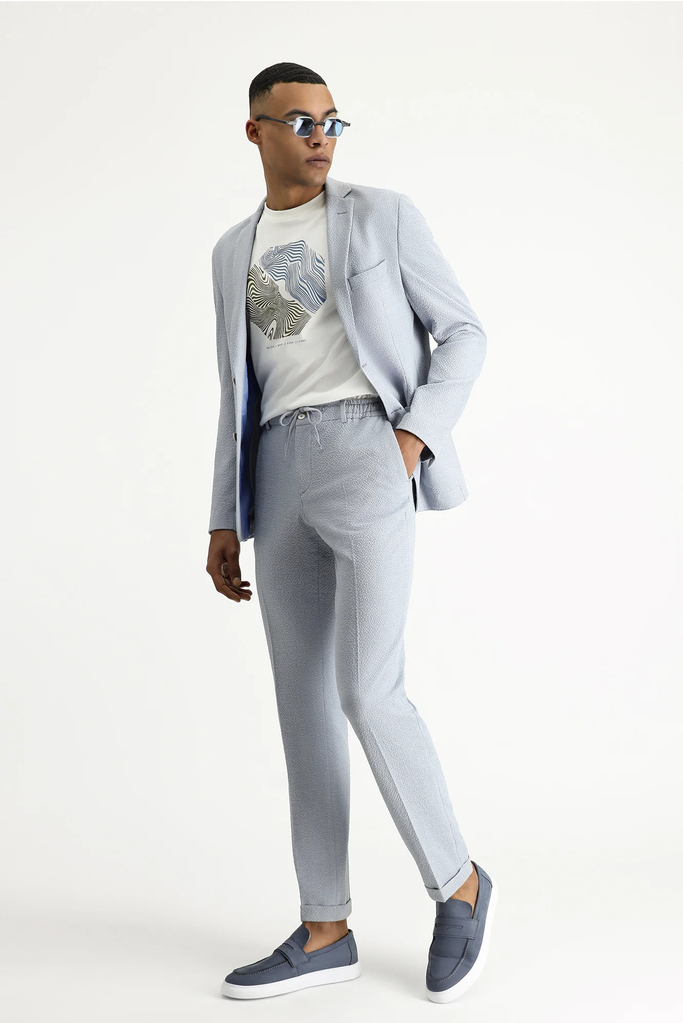Açık Mavi 7 Drop Super Slim Fit Eksra Dar Kesim Beli Lastikli İpli Gofre Likralı Klasik Kumaş Pantolon - Image 6