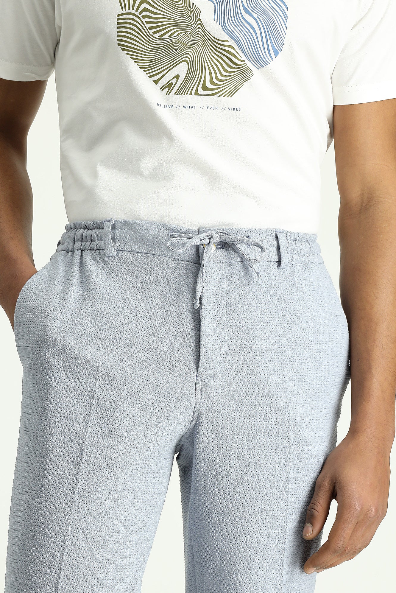 Açık Mavi 7 Drop Super Slim Fit Eksra Dar Kesim Beli Lastikli İpli Gofre Likralı Klasik Kumaş Pantolon - Image 7