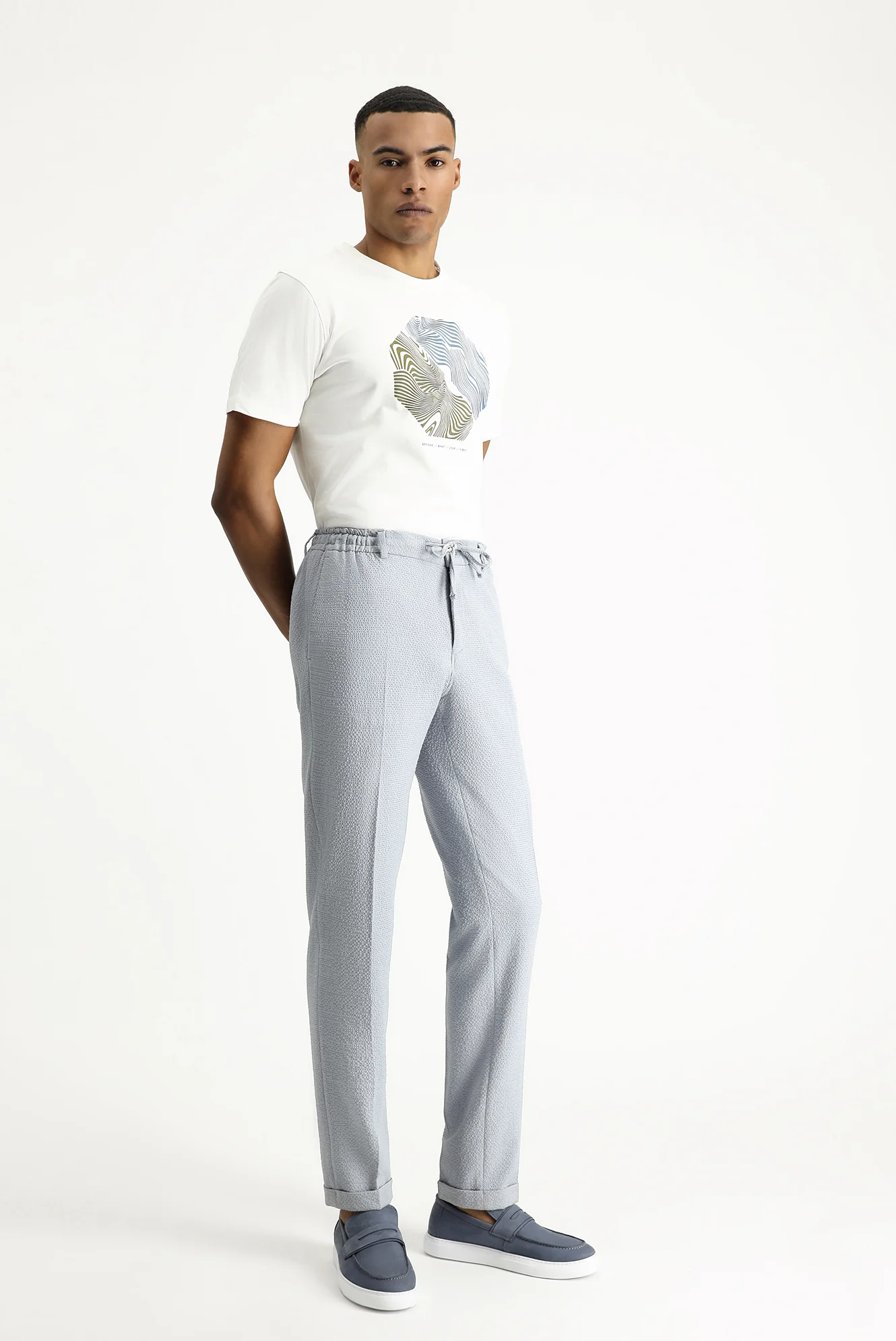 Açık Mavi 7 Drop Super Slim Fit Eksra Dar Kesim Beli Lastikli İpli Gofre Likralı Klasik Kumaş Pantolon - Image 8