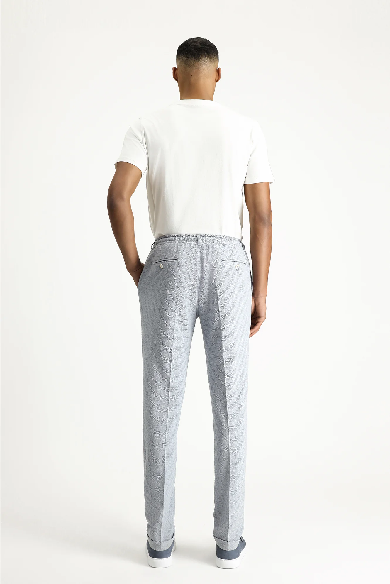 Açık Mavi 7 Drop Super Slim Fit Eksra Dar Kesim Beli Lastikli İpli Gofre Likralı Klasik Kumaş Pantolon - Image 9