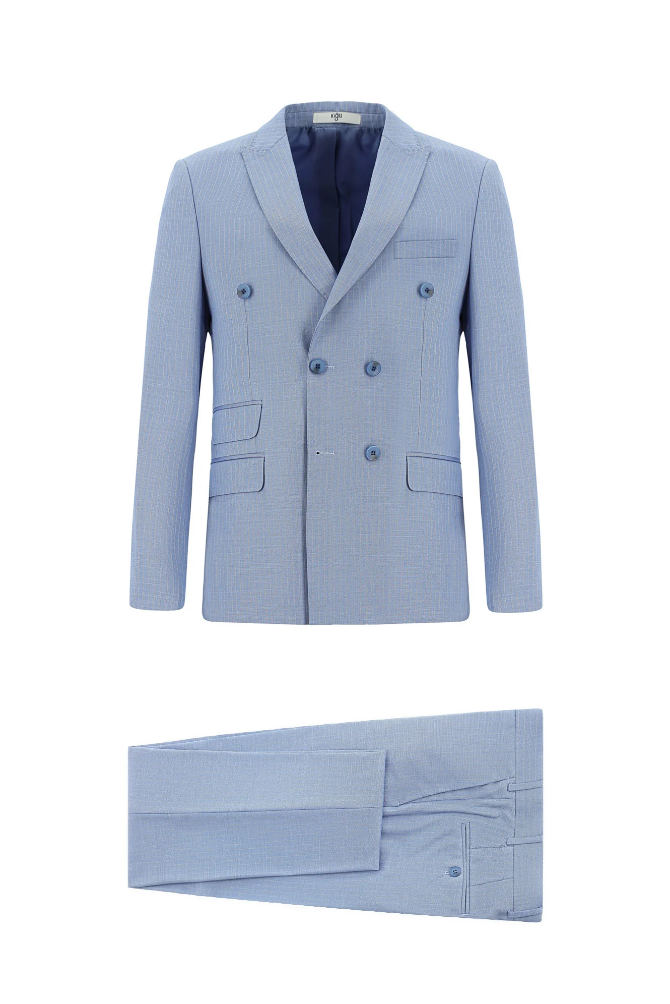 Açık Mavi 7 Drop Super Slim Fit Eksra Dar Kesim Çizgili Kruvaze Takım Elbise