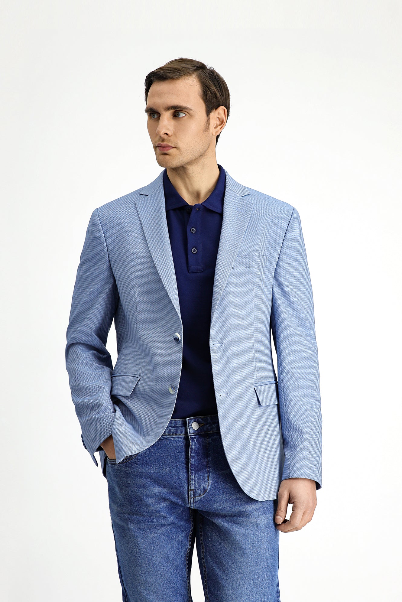 Açık Mavi 7 Drop Super Slim Fit Eksra Dar Kesim Klasik Desenli Ceket