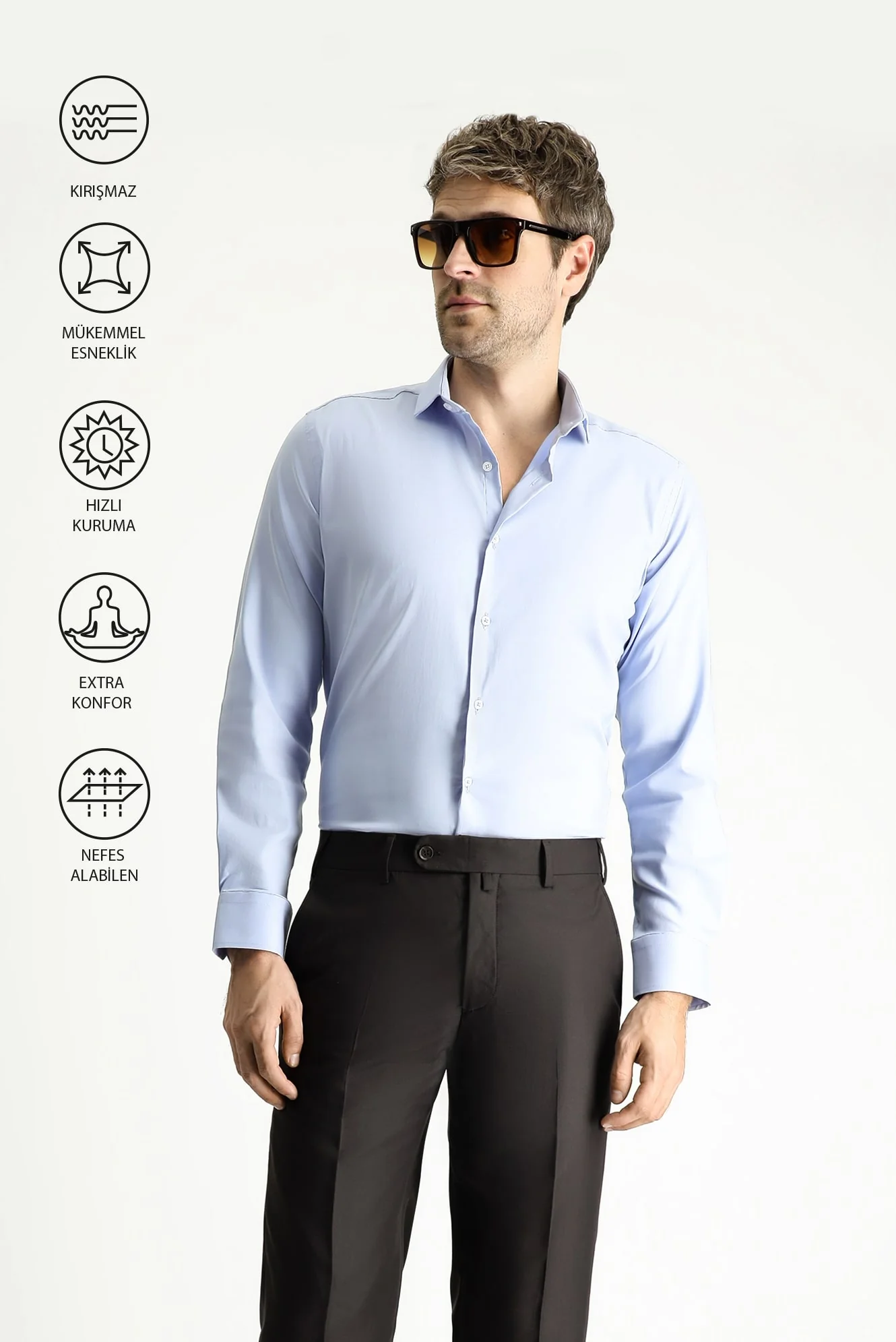 Açık Mavi Techno-Line Uzun Kol Slim Fit Dar Kesim Klasik Gömlek