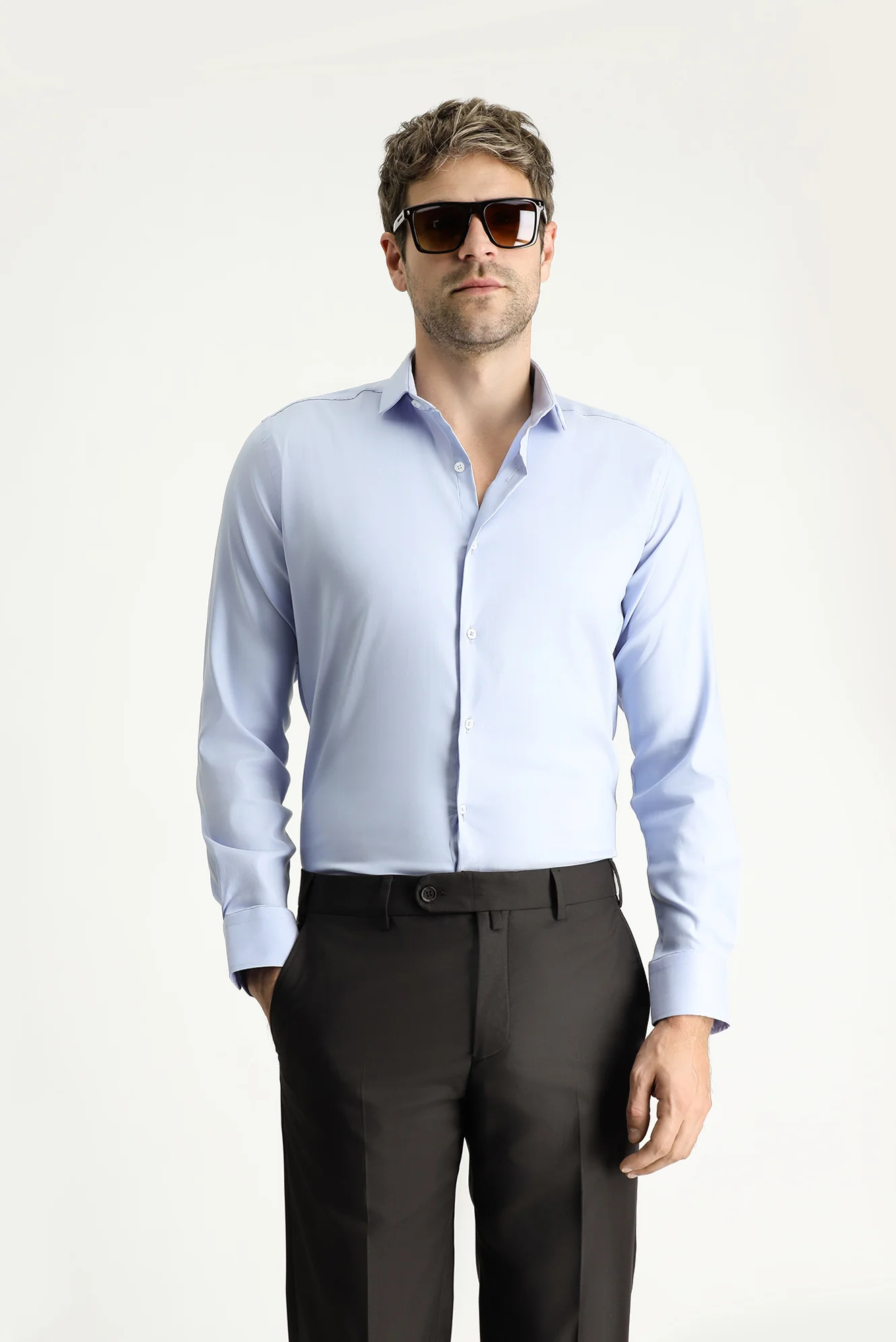 Açık Mavi Techno-Line Uzun Kol Slim Fit Dar Kesim Klasik Gömlek - Image 3