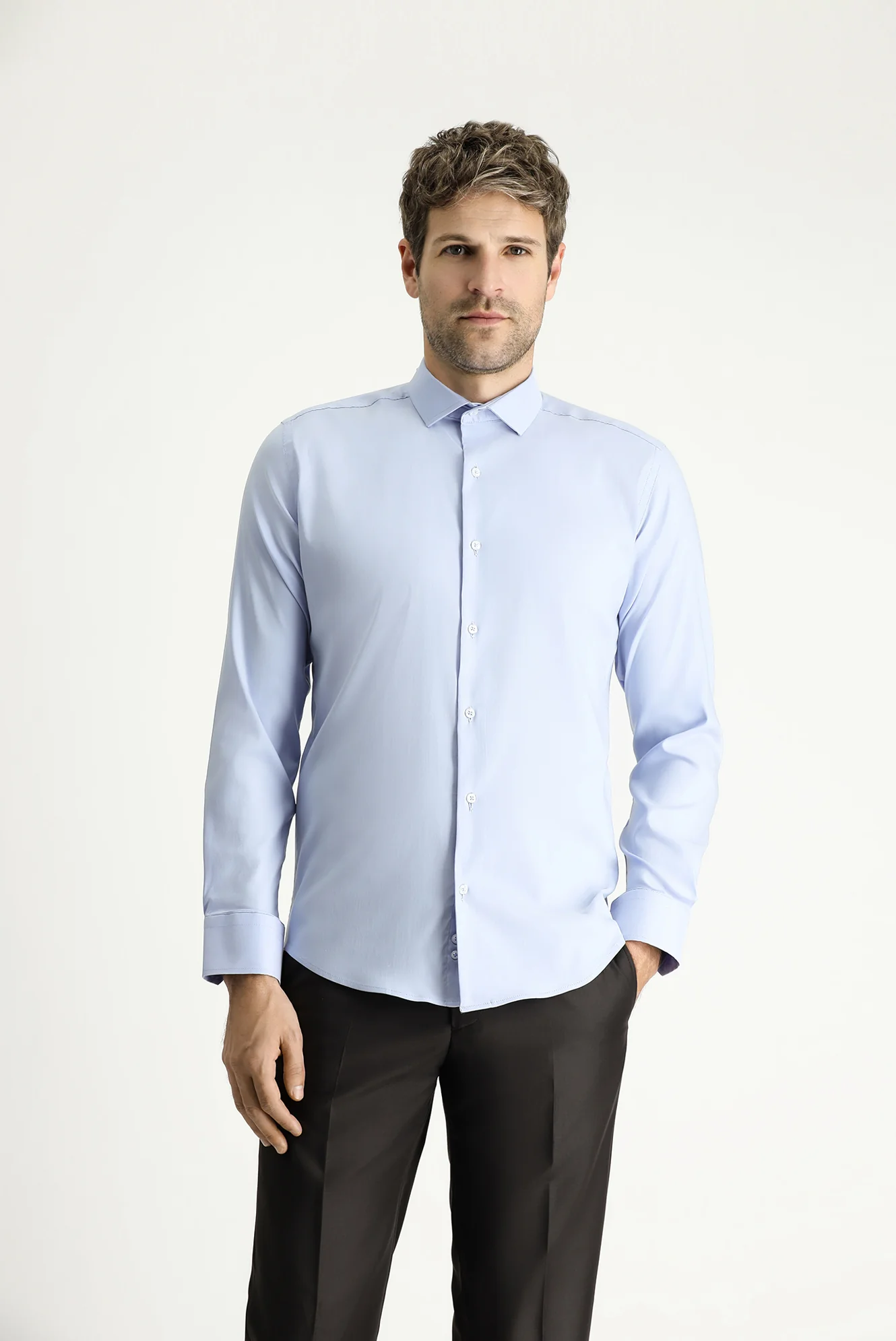 Açık Mavi Techno-Line Uzun Kol Slim Fit Dar Kesim Klasik Gömlek - Image 4