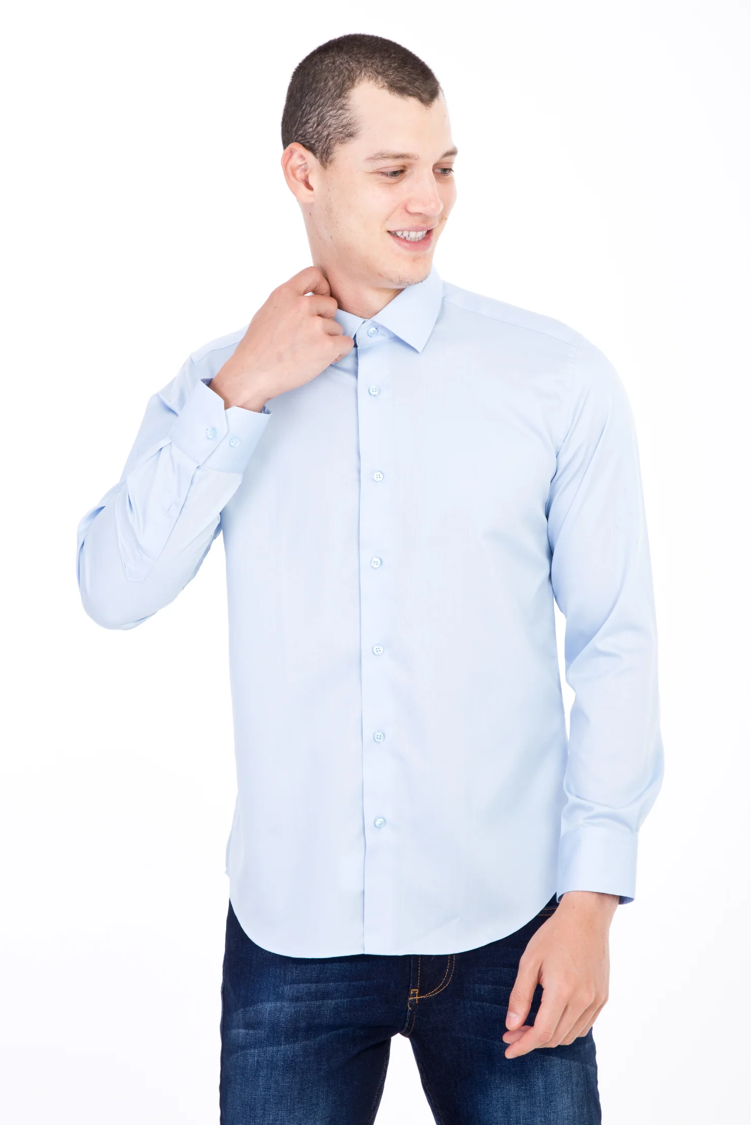 Açık Mavi Uzun Kol Non Iron Saten Slim Fit Dar Kesim Gömlek