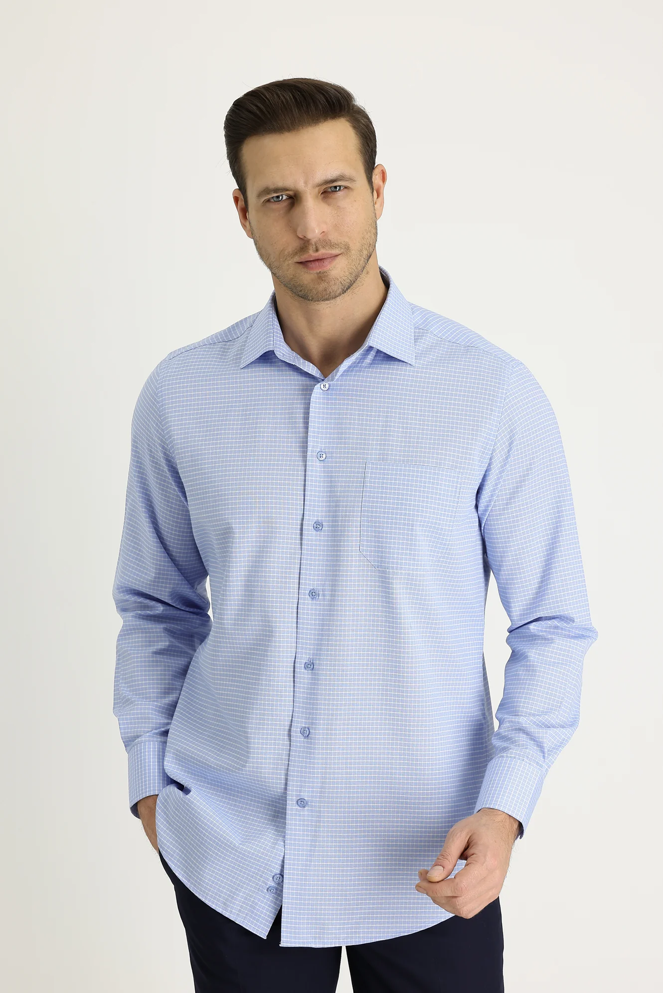 Açık Mavi Uzun Kol Regular Fit Ekose Gömlek - Image 2