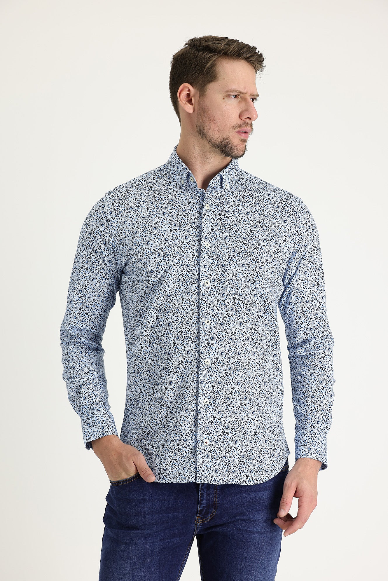 Açık Mavi Uzun Kol Slim Fit Dar Kesim Baskılı Pamuk Gömlek - Image 2