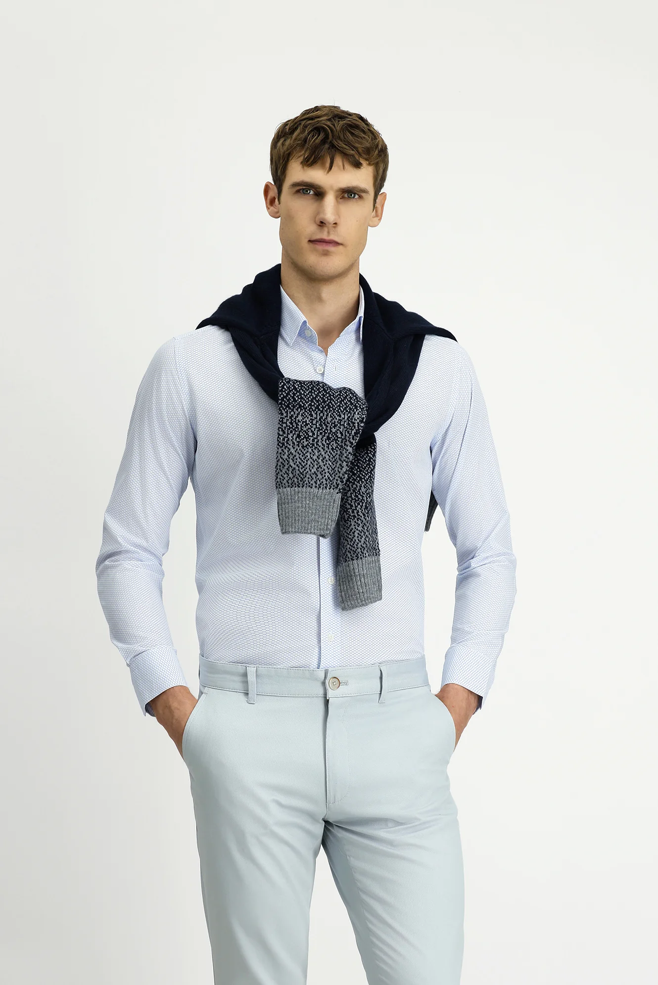 Açık Mavi Uzun Kol Slim Fit Dar Kesim Baskılı Pamuk Gömlek