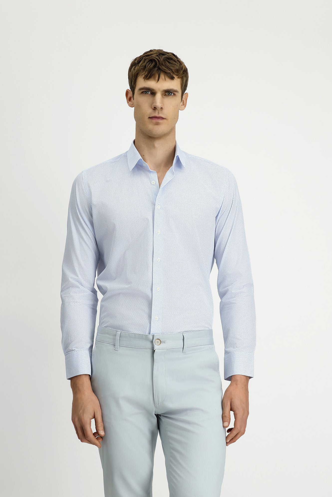 Açık Mavi Uzun Kol Slim Fit Dar Kesim Baskılı Pamuk Gömlek - Image 3