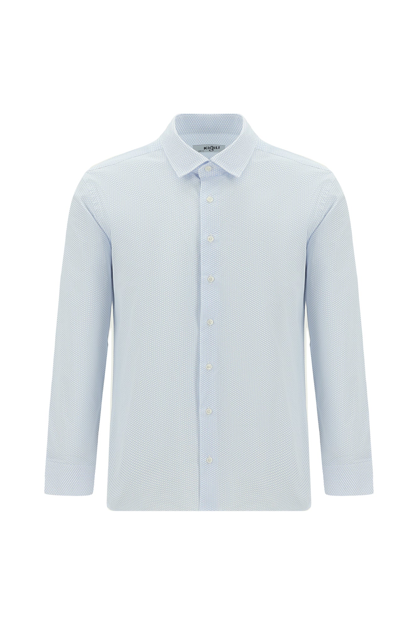 Açık Mavi Uzun Kol Slim Fit Dar Kesim Baskılı Pamuk Gömlek - Image 9
