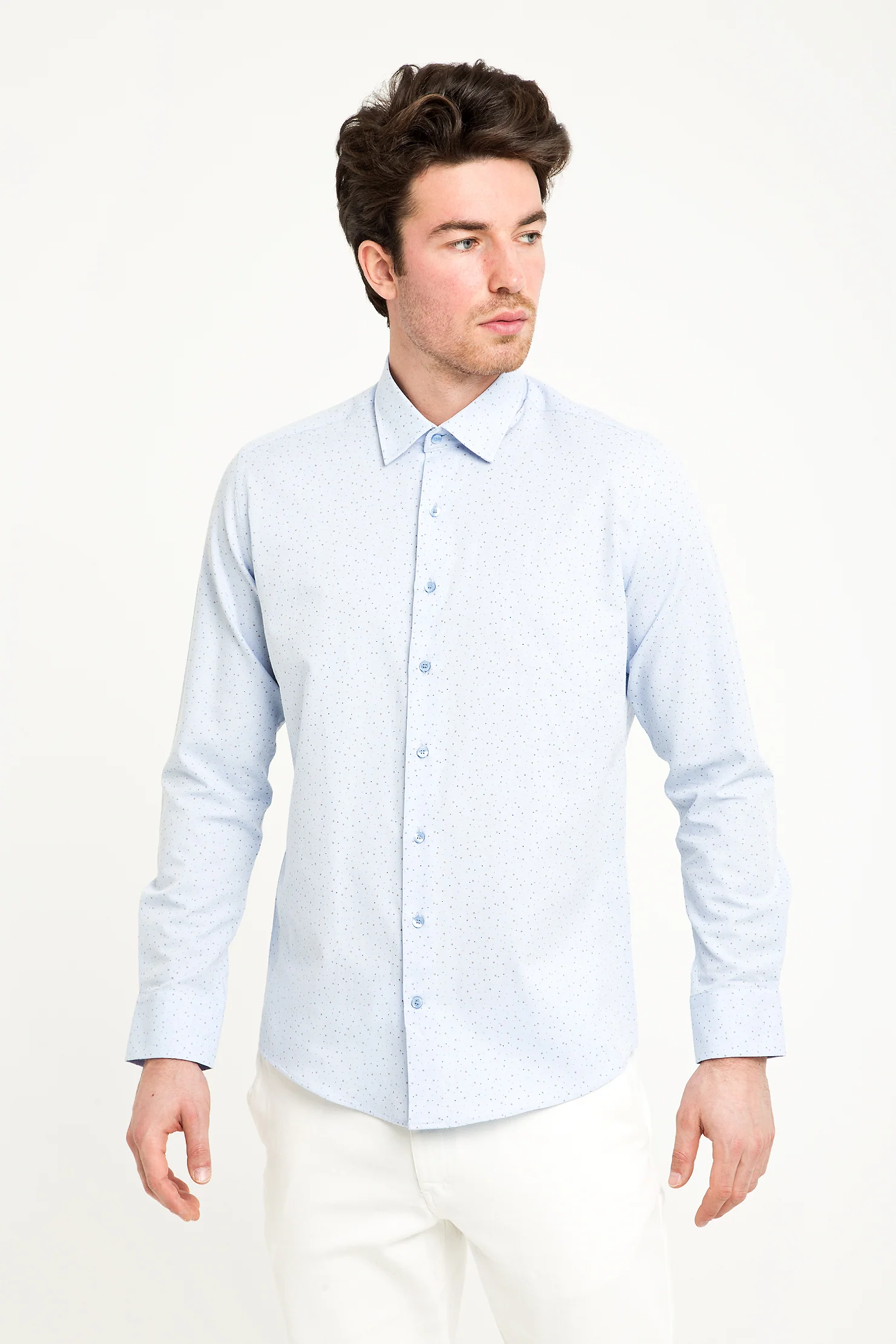 Açık Mavi Uzun Kol Slim Fit Dar Kesim Baskılı Pamuk Gömlek