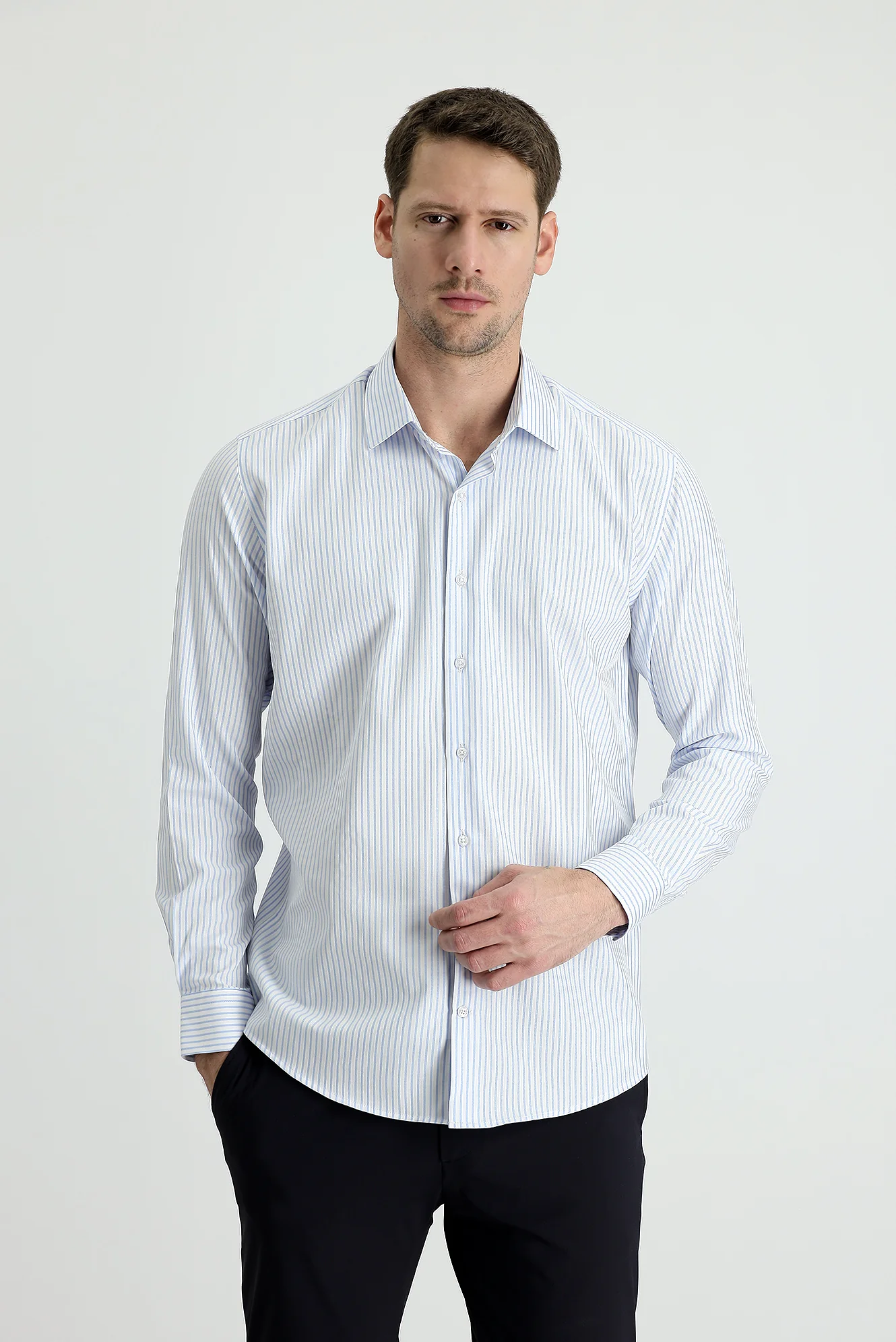 Açık Mavi Uzun Kol Slim Fit Dar Kesim Çizgili Gömlek