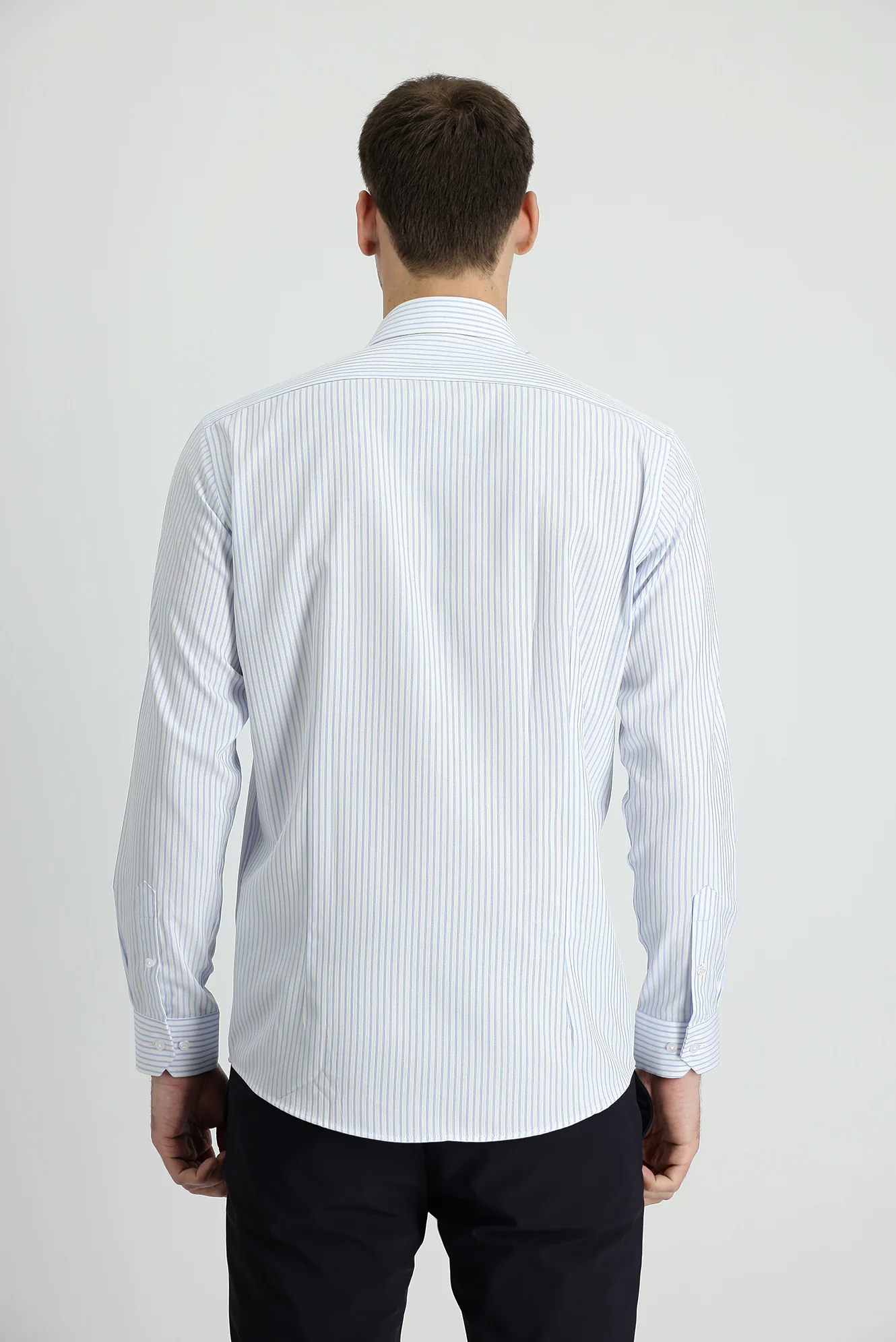 Açık Mavi Uzun Kol Slim Fit Dar Kesim Çizgili Gömlek - Image 2