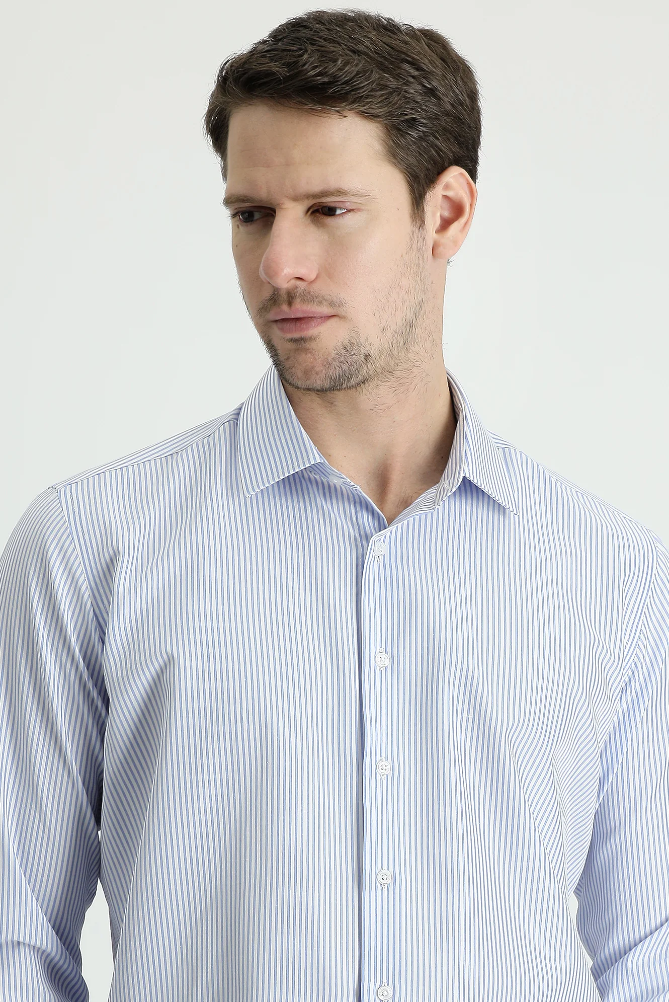 Açık Mavi Uzun Kol Slim Fit Dar Kesim Çizgili Pamuklu Gömlek - Image 3