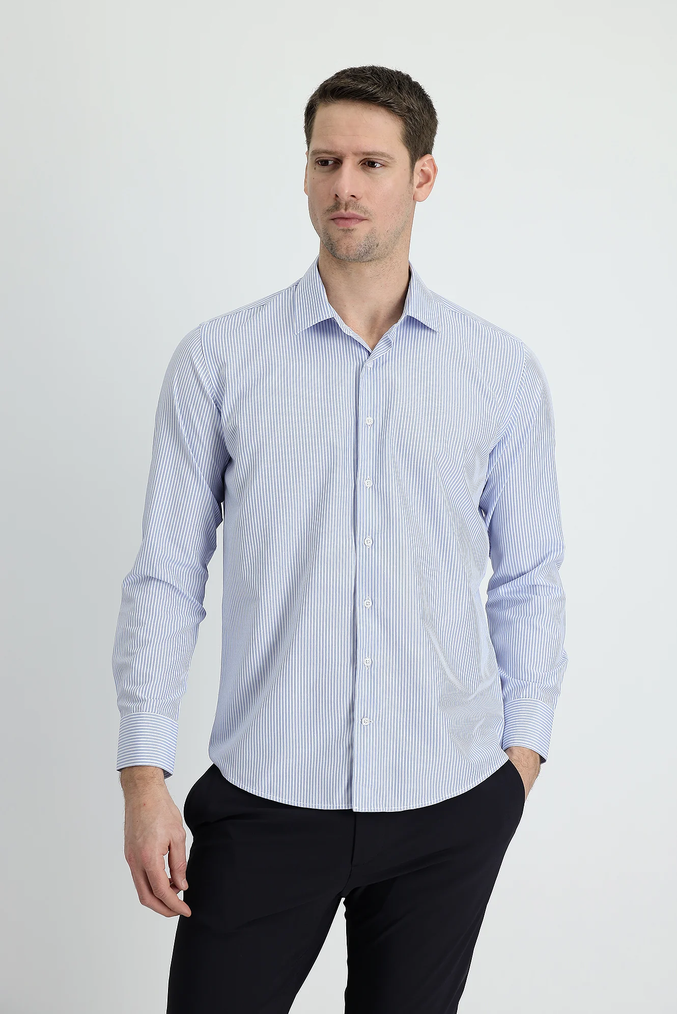 Açık Mavi Uzun Kol Slim Fit Dar Kesim Çizgili Pamuklu Kolay Ütülenebilir Gömlek - Image 2