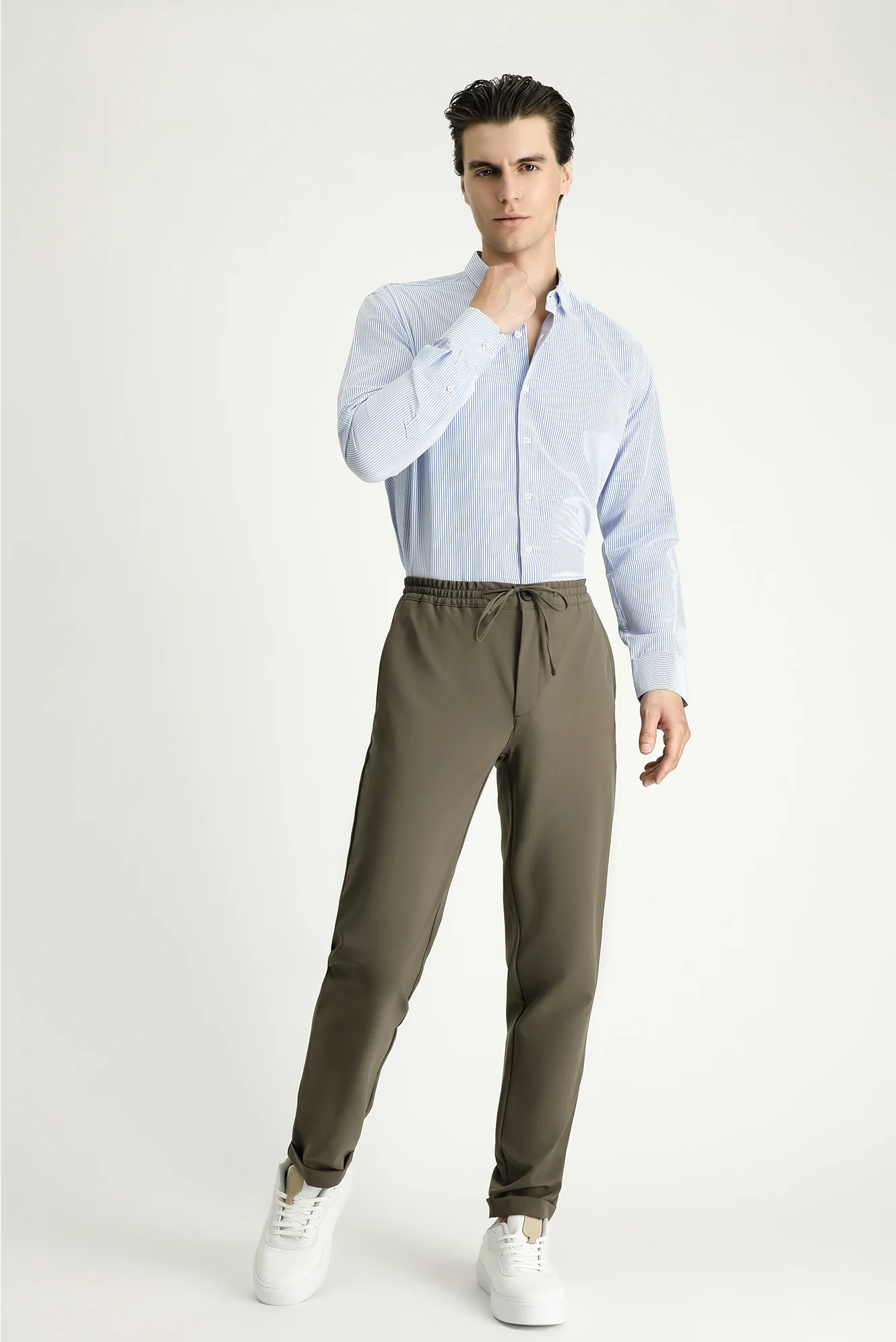 Açık Mavi Uzun Kol Slim Fit Dar Kesim Çizgili Pamuklu Kolay Ütülenebilir Gömlek - Image 2