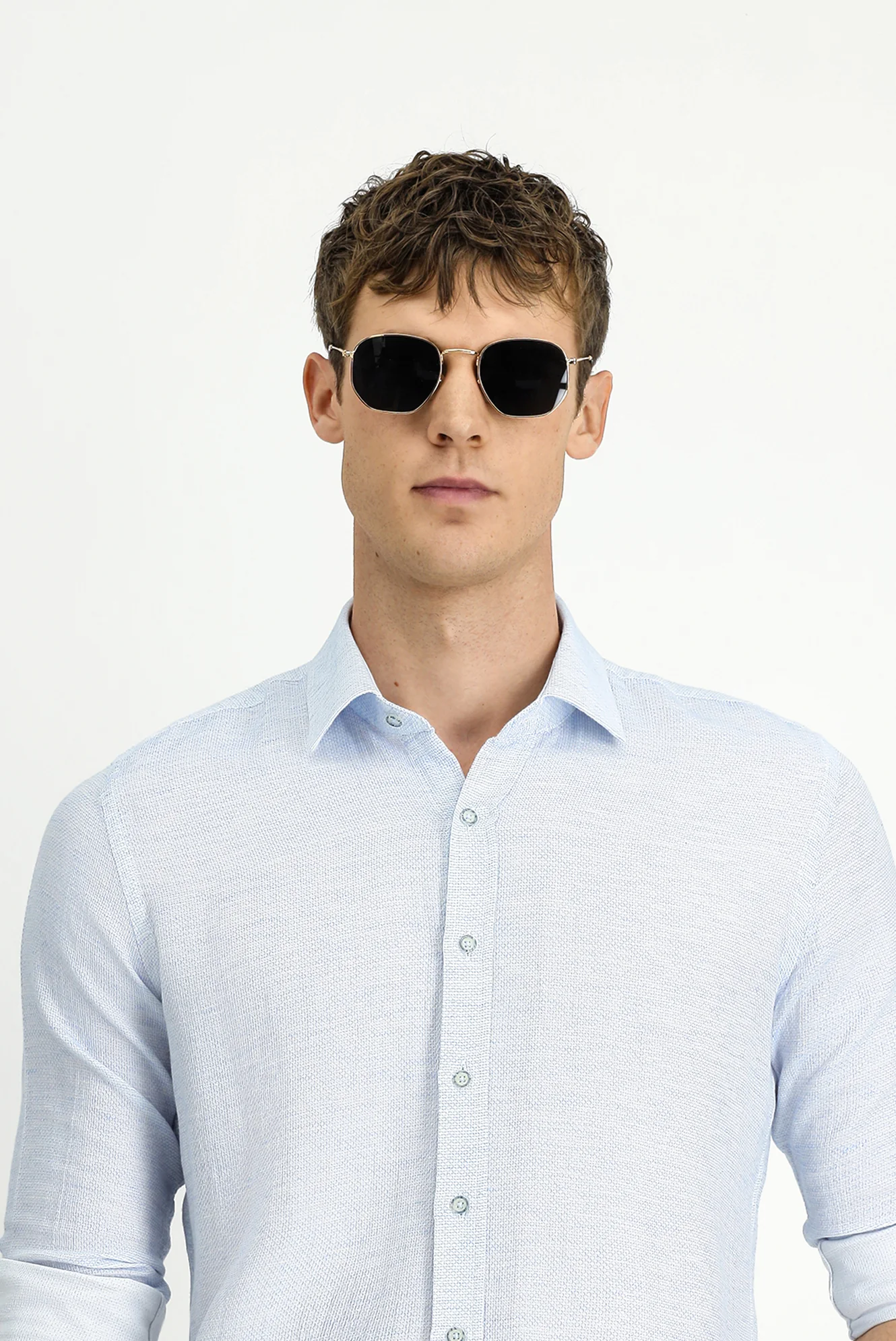 Açık Mavi Uzun Kol Slim Fit Dar Kesim Desenli Spor Pamuk Gömlek - Image 3