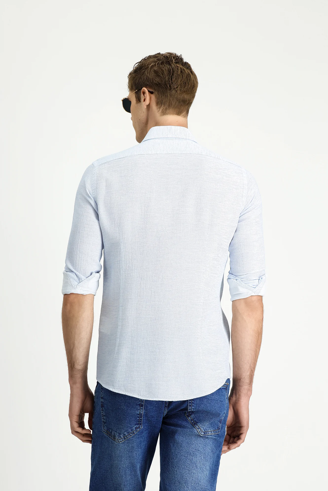 Açık Mavi Uzun Kol Slim Fit Dar Kesim Desenli Spor Pamuk Gömlek - Image 4