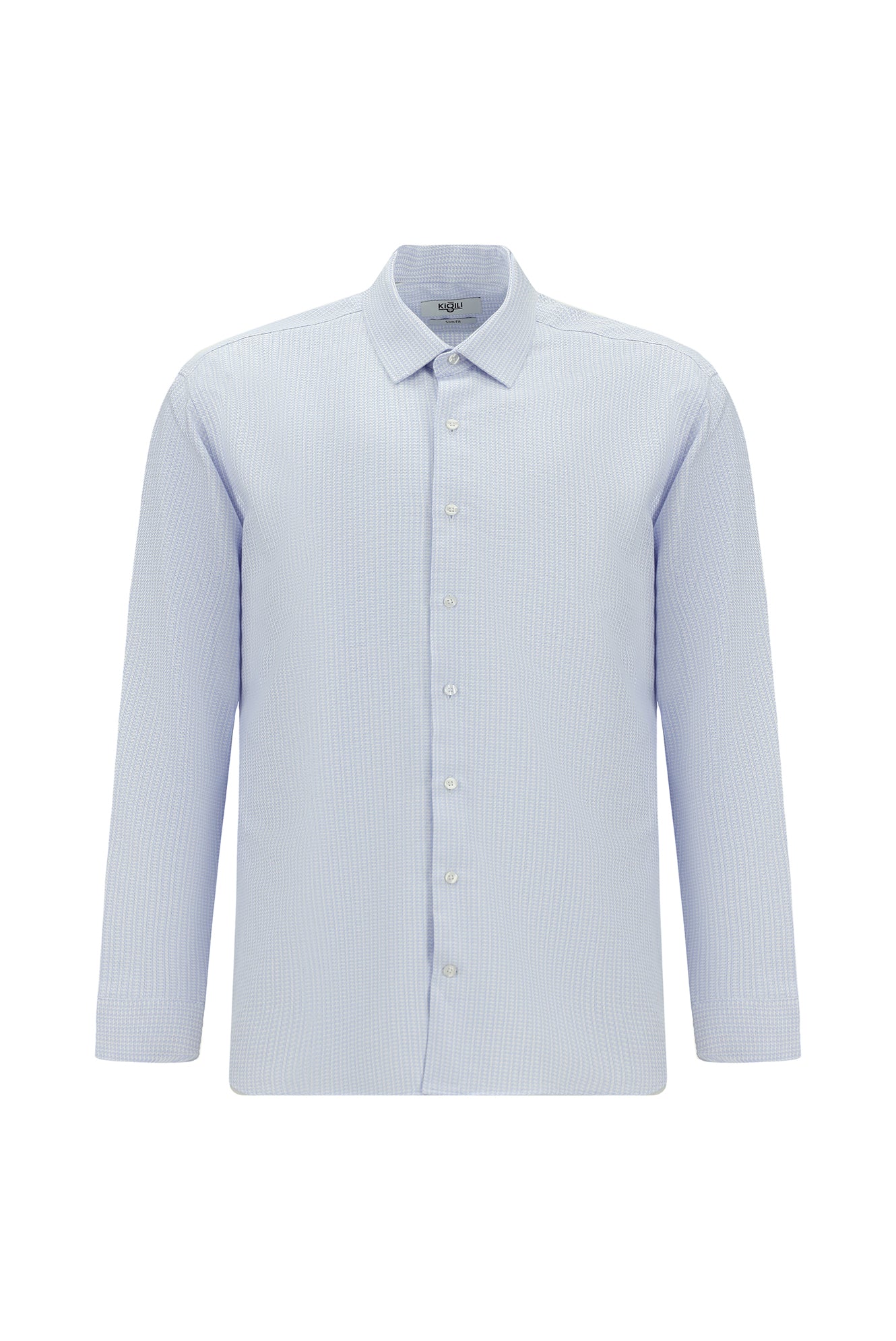 Açık Mavi Uzun Kol Slim Fit Dar Kesim Pamuk Klasik Desenli Gömlek